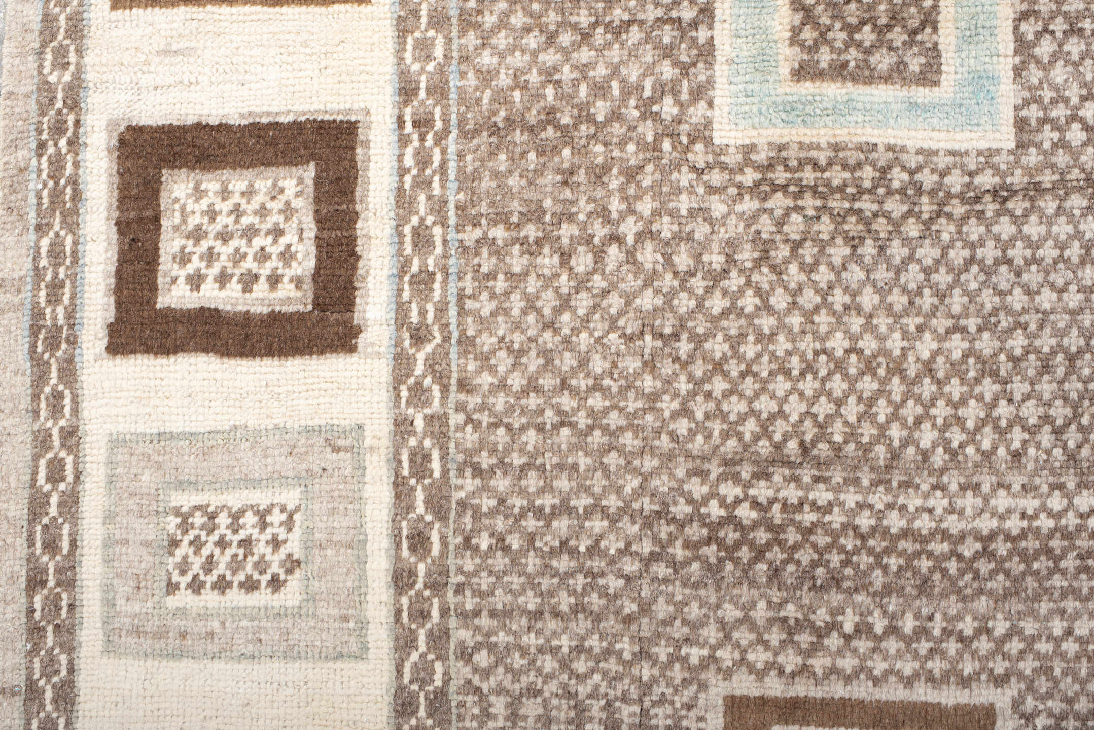 8' x 10' one-of-a-kind handmade vintage  large size rug. Color palette: taupe, ivory, brown, cream, pale aqua, charcoal