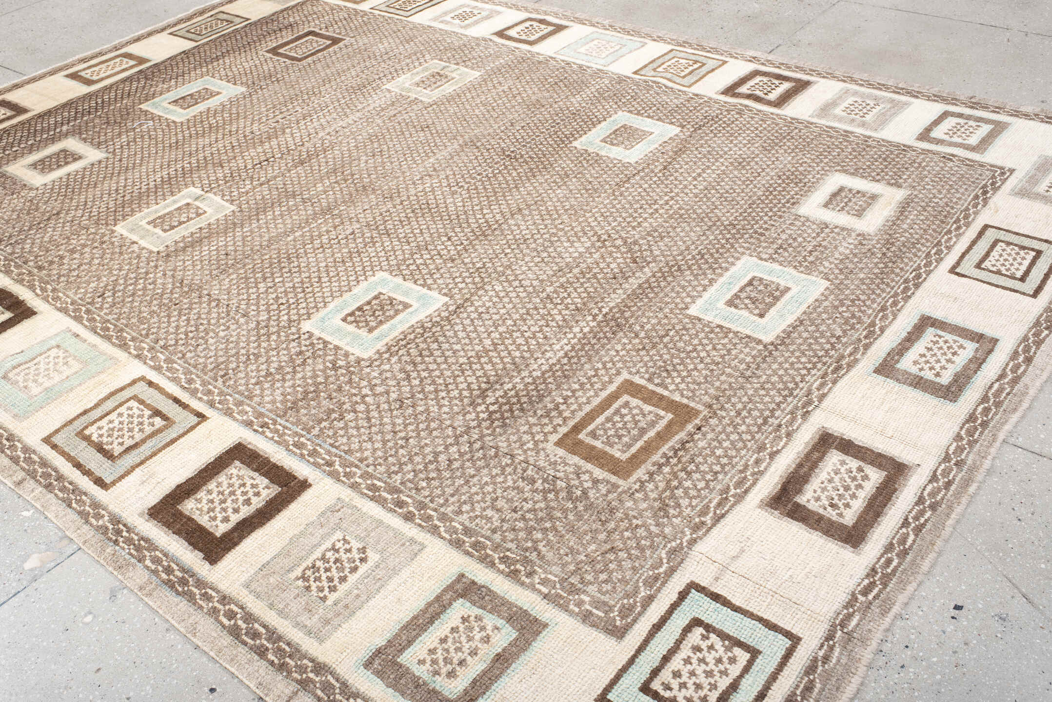8' x 10' one-of-a-kind handmade vintage  large size rug. Color palette: taupe, ivory, brown, cream, pale aqua, charcoal