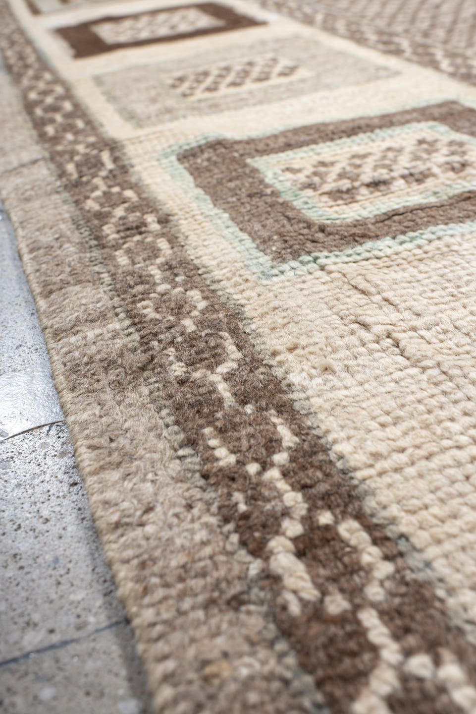 8' x 10' one-of-a-kind handmade vintage  large size rug. Color palette: taupe, ivory, brown, cream, pale aqua, charcoal
