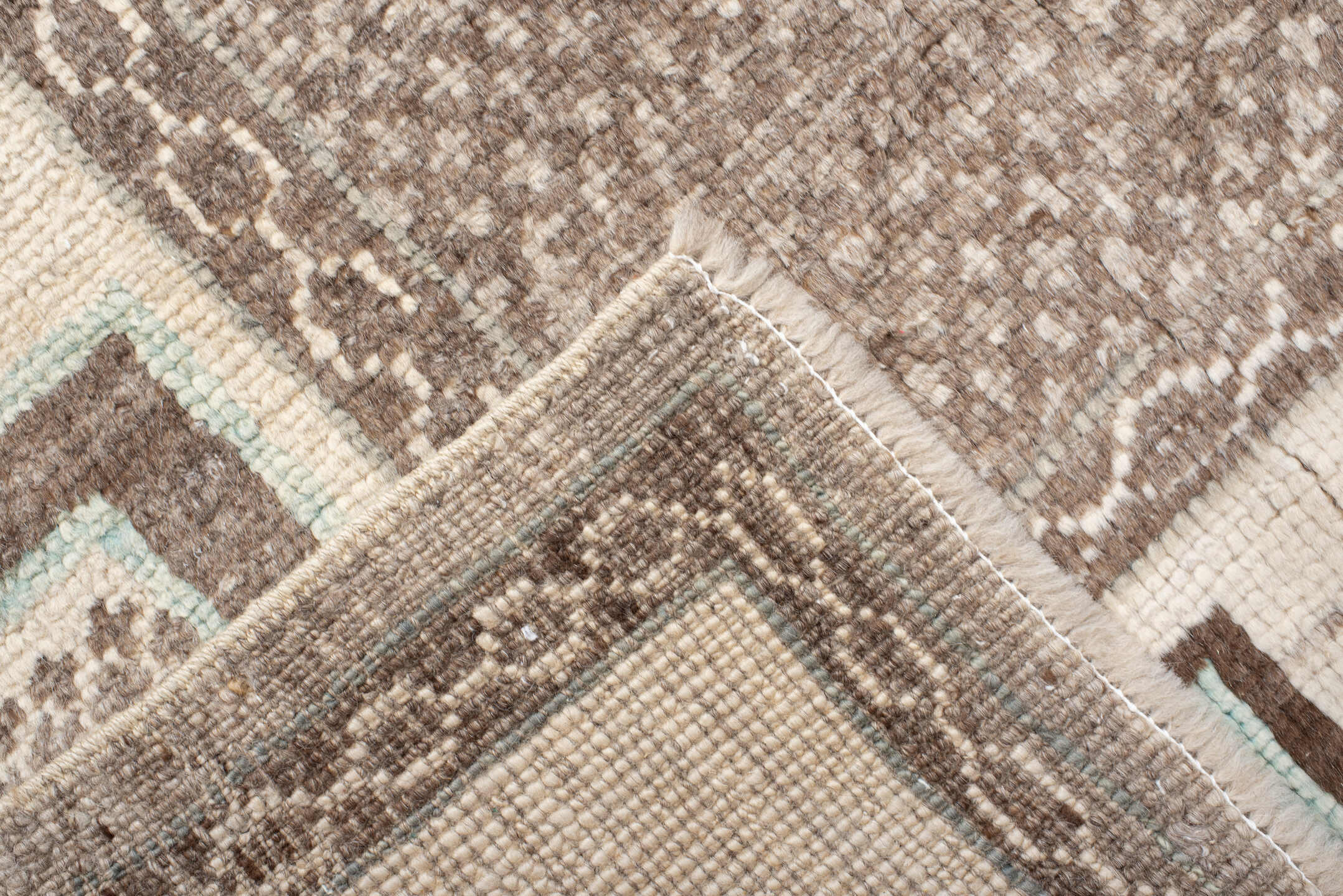 8' x 10' one-of-a-kind handmade vintage  large size rug. Color palette: taupe, ivory, brown, cream, pale aqua, charcoal
