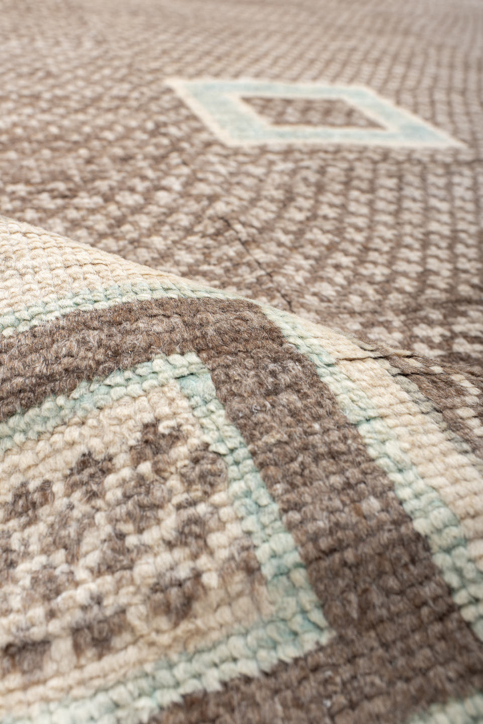 8' x 10' one-of-a-kind handmade vintage  large size rug. Color palette: taupe, ivory, brown, cream, pale aqua, charcoal