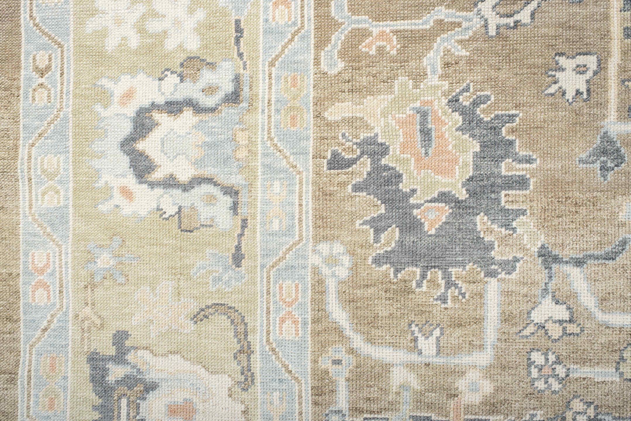 8' x 9' one-of-a-kind handmade vintage Oushak rug. Color palette: antiquewhite, dim gray, gray, light gray, linen, off-white