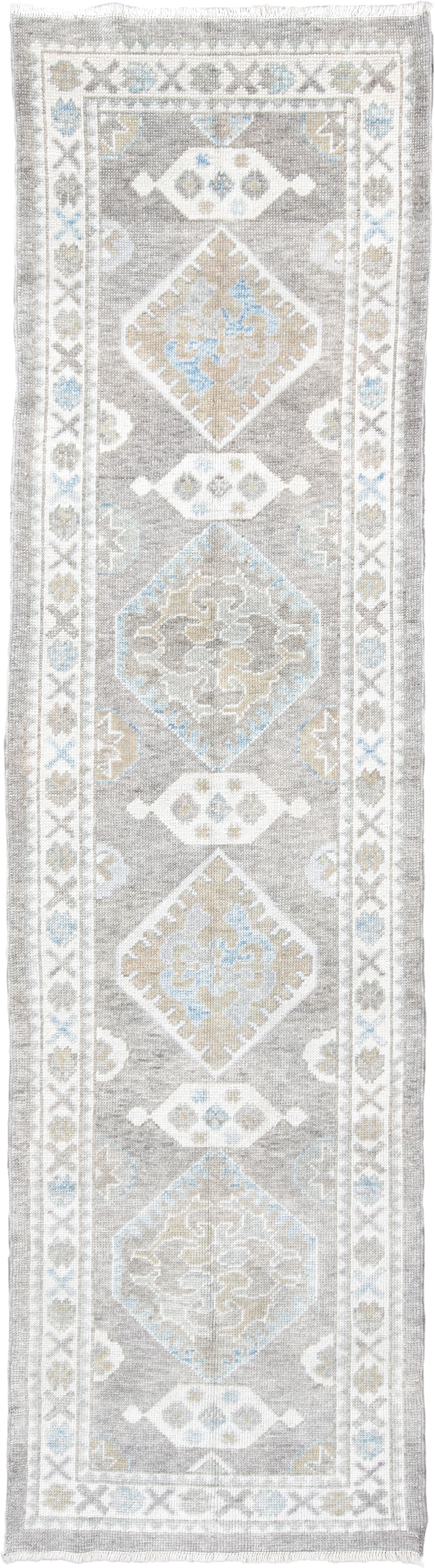 3' x 10' one-of-a-kind handmade vintage  runner rug. Color palette: taupe, ivory, pale_blue, sand, light_gray, beige, gray