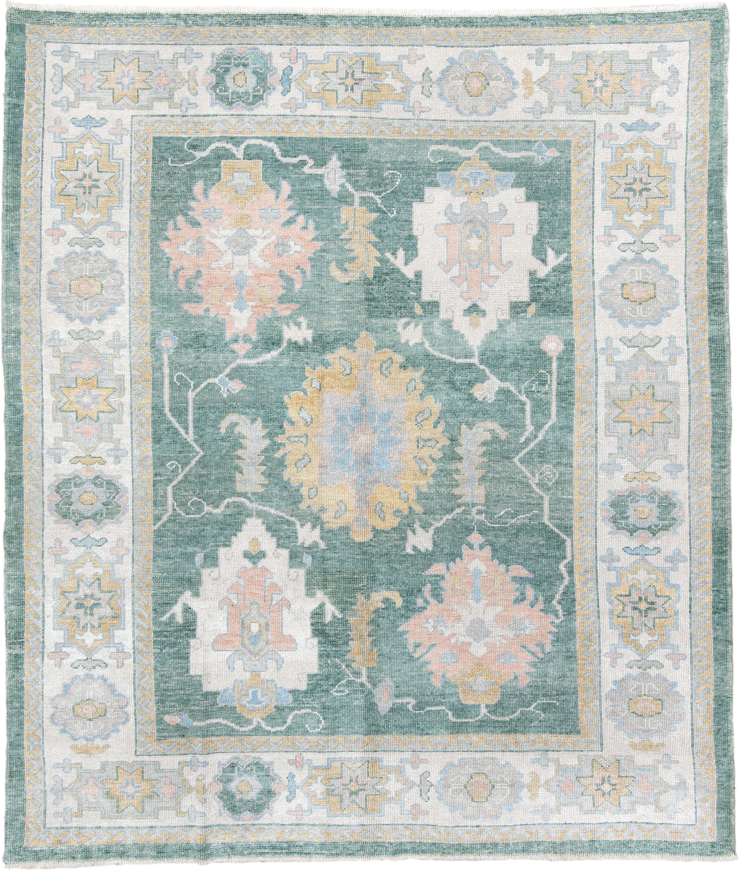 8' x 9' one-of-a-kind handmade vintage Oushak rug. Color palette: seafoam, ivory, pale gold, blush, powder blue, sage, teal
