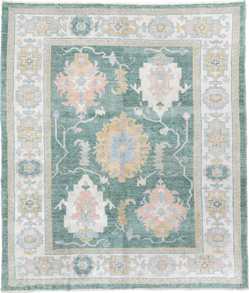 8' x 9' one-of-a-kind handmade vintage Oushak rug. Color palette: seafoam, ivory, pale gold, blush, powder blue, sage, teal
