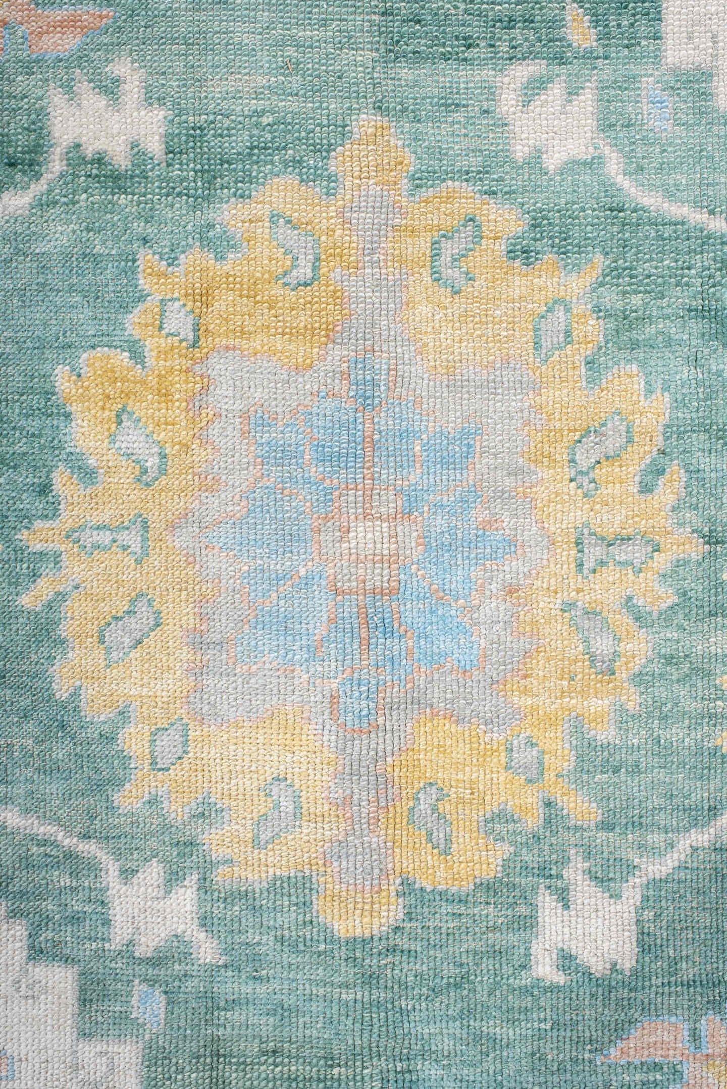 8' x 9' one-of-a-kind handmade vintage Oushak rug. Color palette: seafoam, ivory, pale gold, blush, powder blue, sage, teal