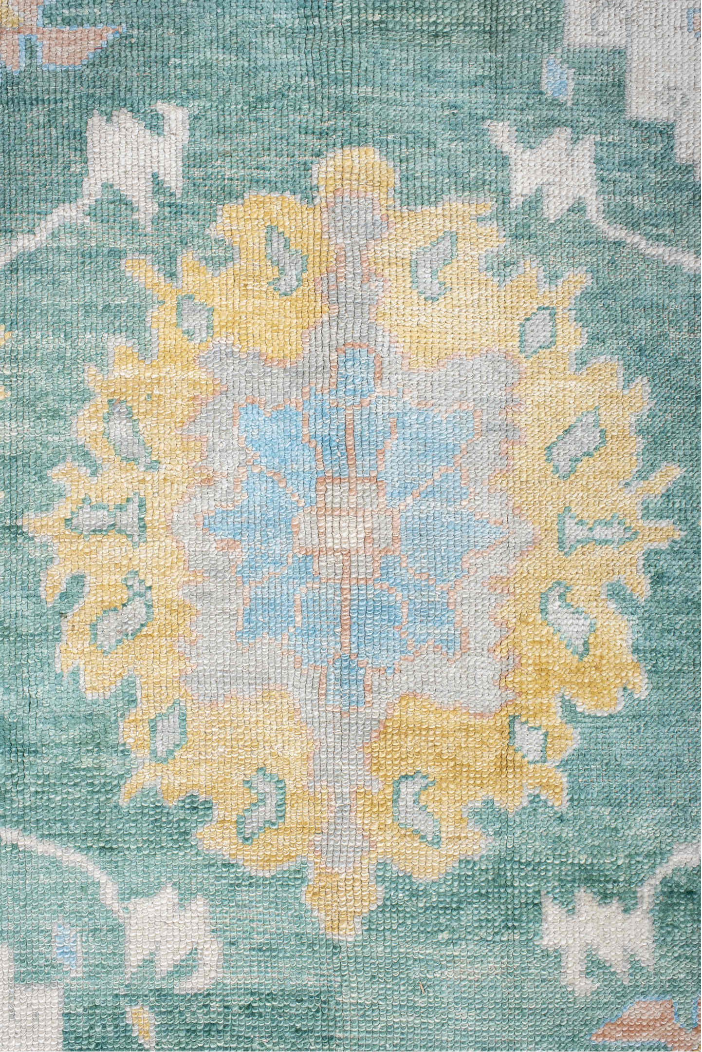 8' x 9' one-of-a-kind handmade vintage Oushak rug. Color palette: seafoam, ivory, pale gold, blush, powder blue, sage, teal