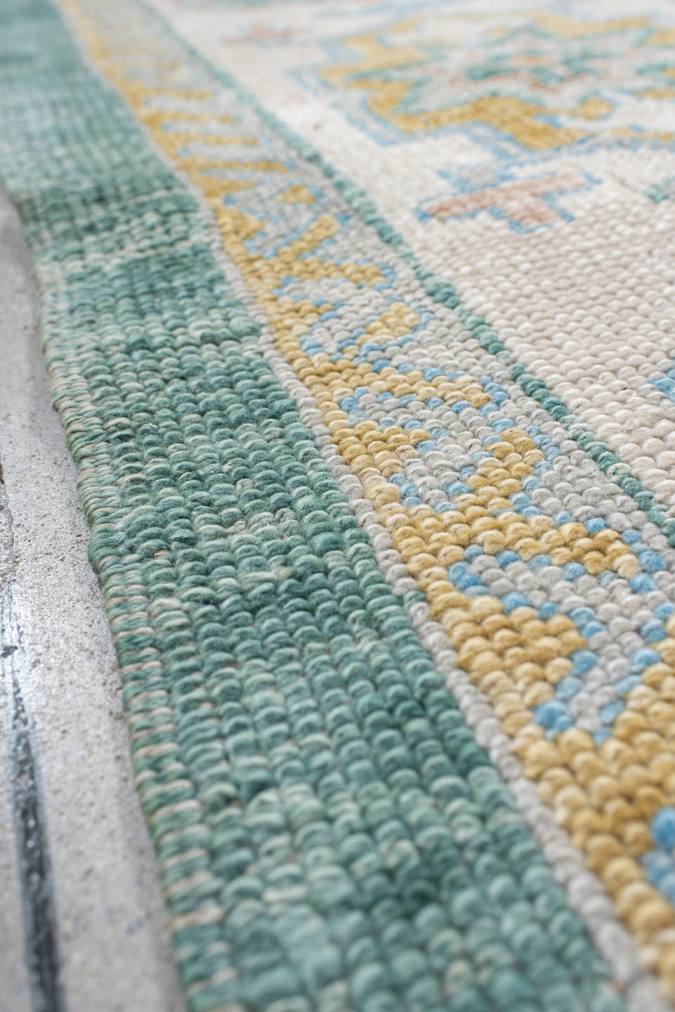 8' x 9' one-of-a-kind handmade vintage Oushak rug. Color palette: seafoam, ivory, pale gold, blush, powder blue, sage, teal