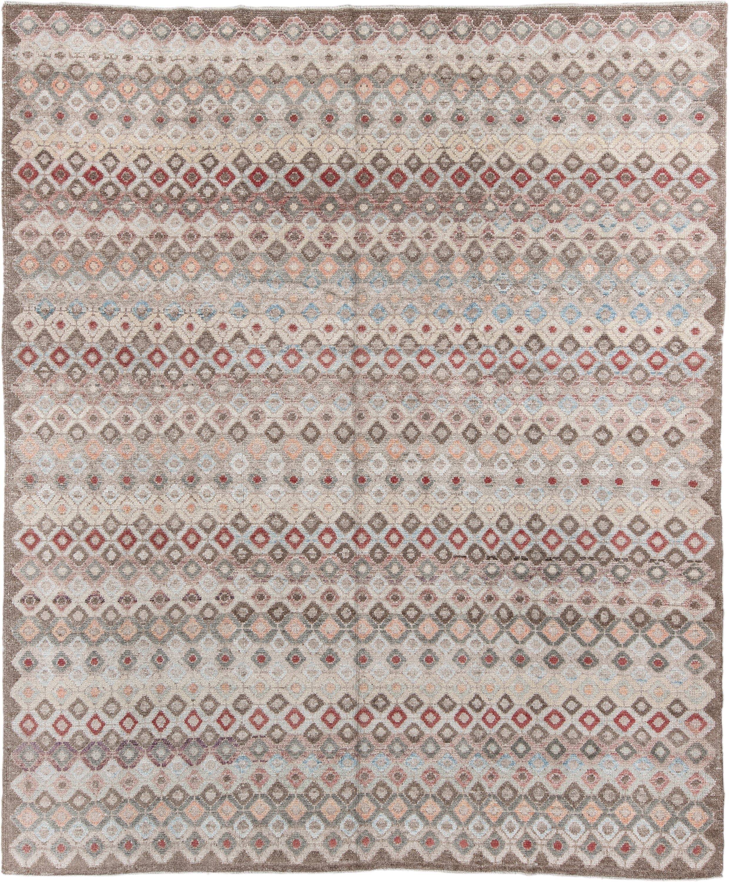 9' x 11' one-of-a-kind handmade vintage Oushak large size rug. Color palette: ivory, taupe, brown, rust, pale_blue, blush