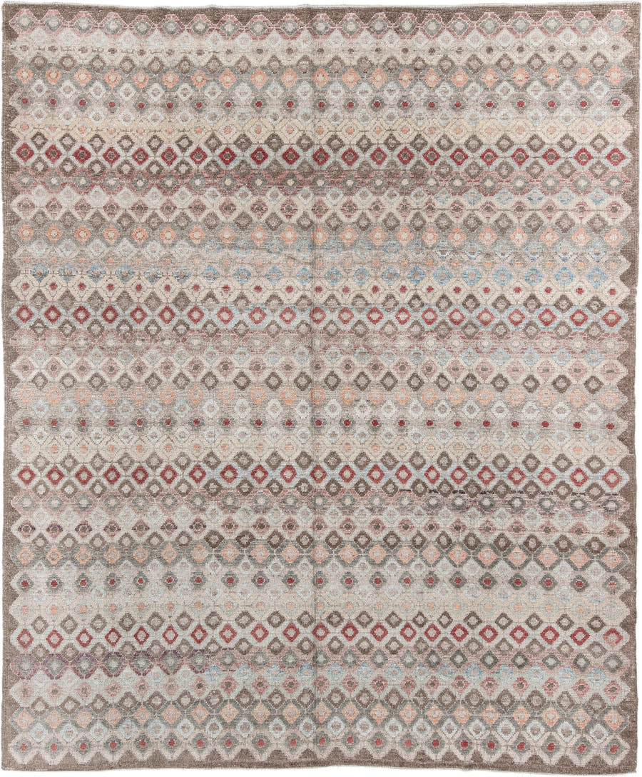 9' x 11' one-of-a-kind handmade vintage Oushak large size rug. Color palette: ivory, taupe, brown, rust, pale_blue, blush