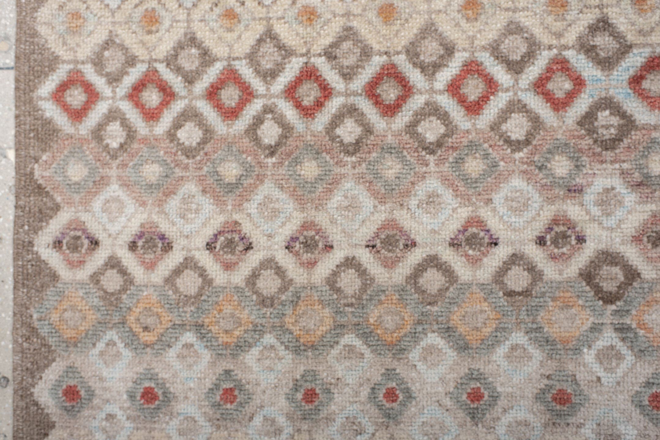 9' x 11' one-of-a-kind handmade vintage Oushak large size rug. Color palette: ivory, taupe, brown, rust, pale_blue, blush