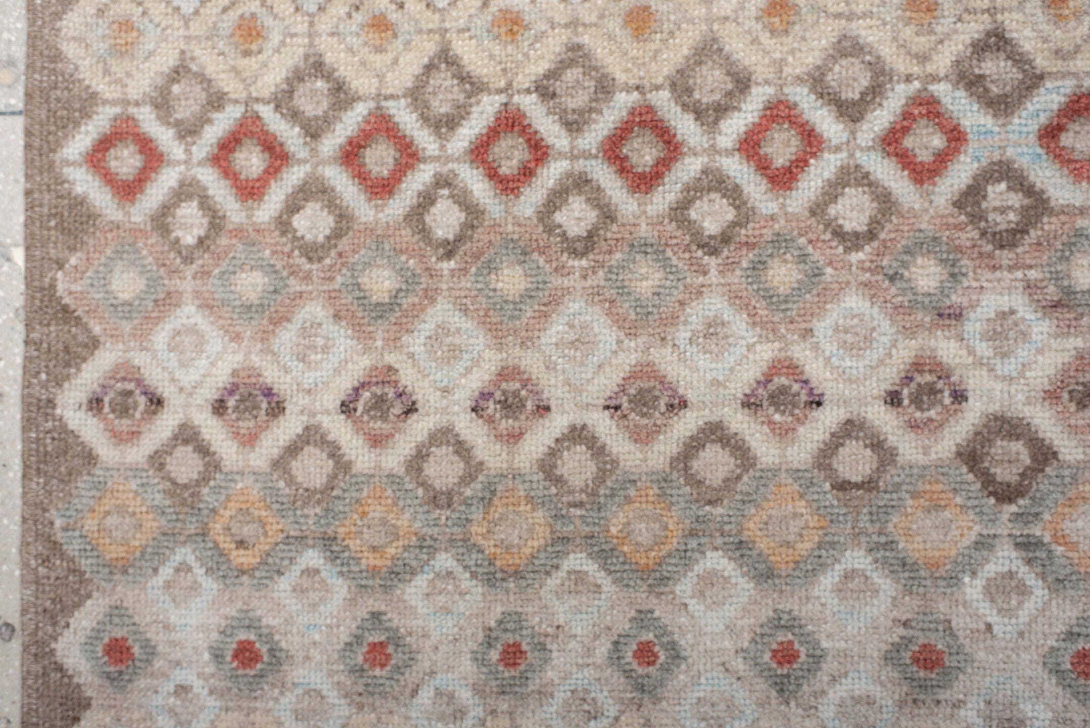 9' x 11' one-of-a-kind handmade vintage Oushak large size rug. Color palette: ivory, taupe, brown, rust, pale_blue, blush