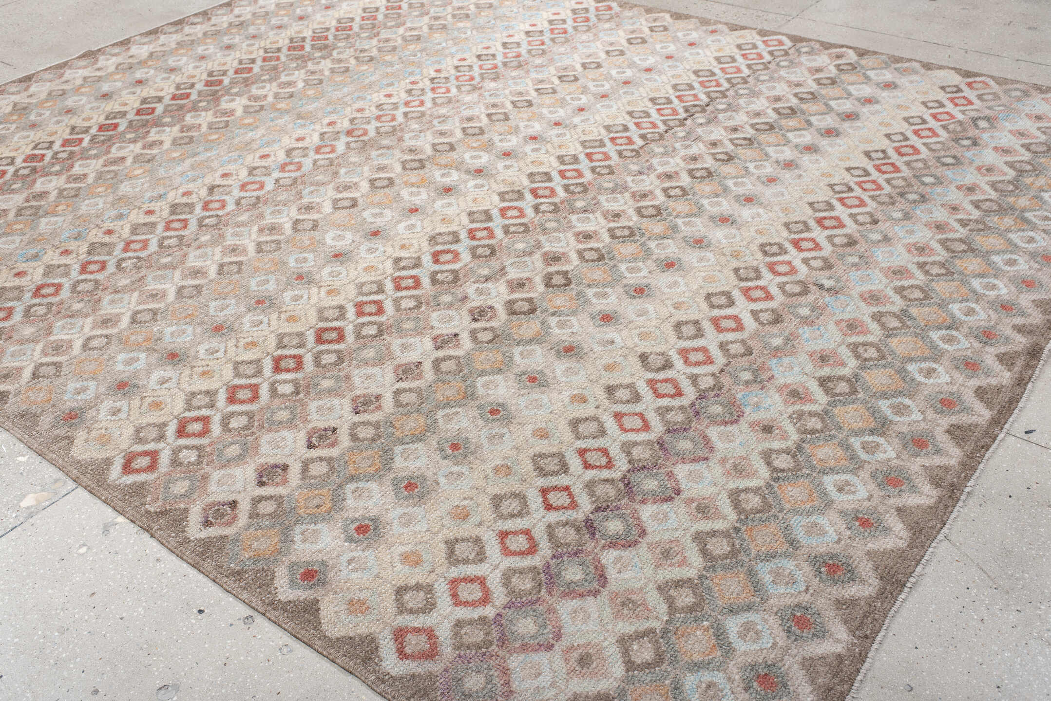 9' x 11' one-of-a-kind handmade vintage Oushak large size rug. Color palette: ivory, taupe, brown, rust, pale_blue, blush