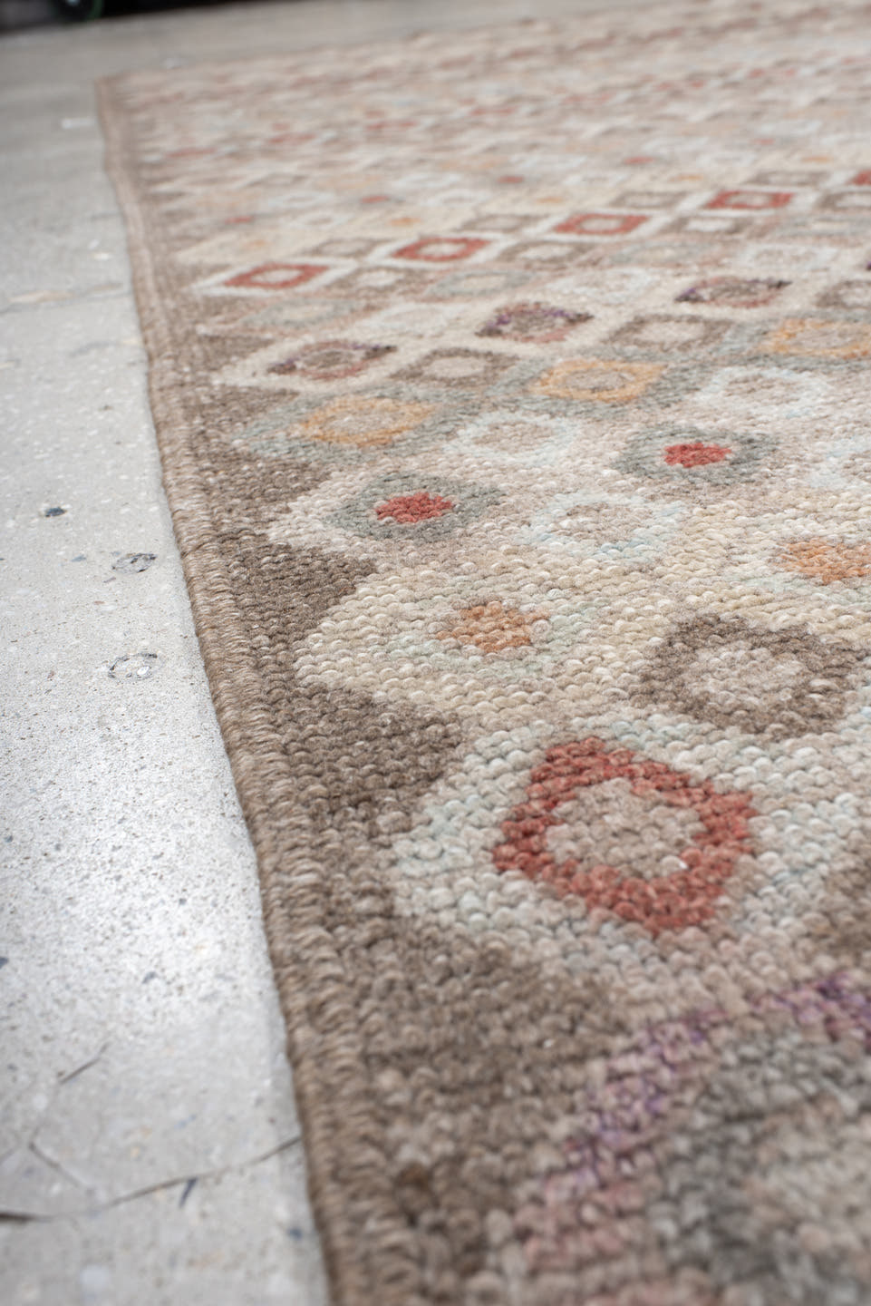 9' x 11' one-of-a-kind handmade vintage Oushak large size rug. Color palette: ivory, taupe, brown, rust, pale_blue, blush