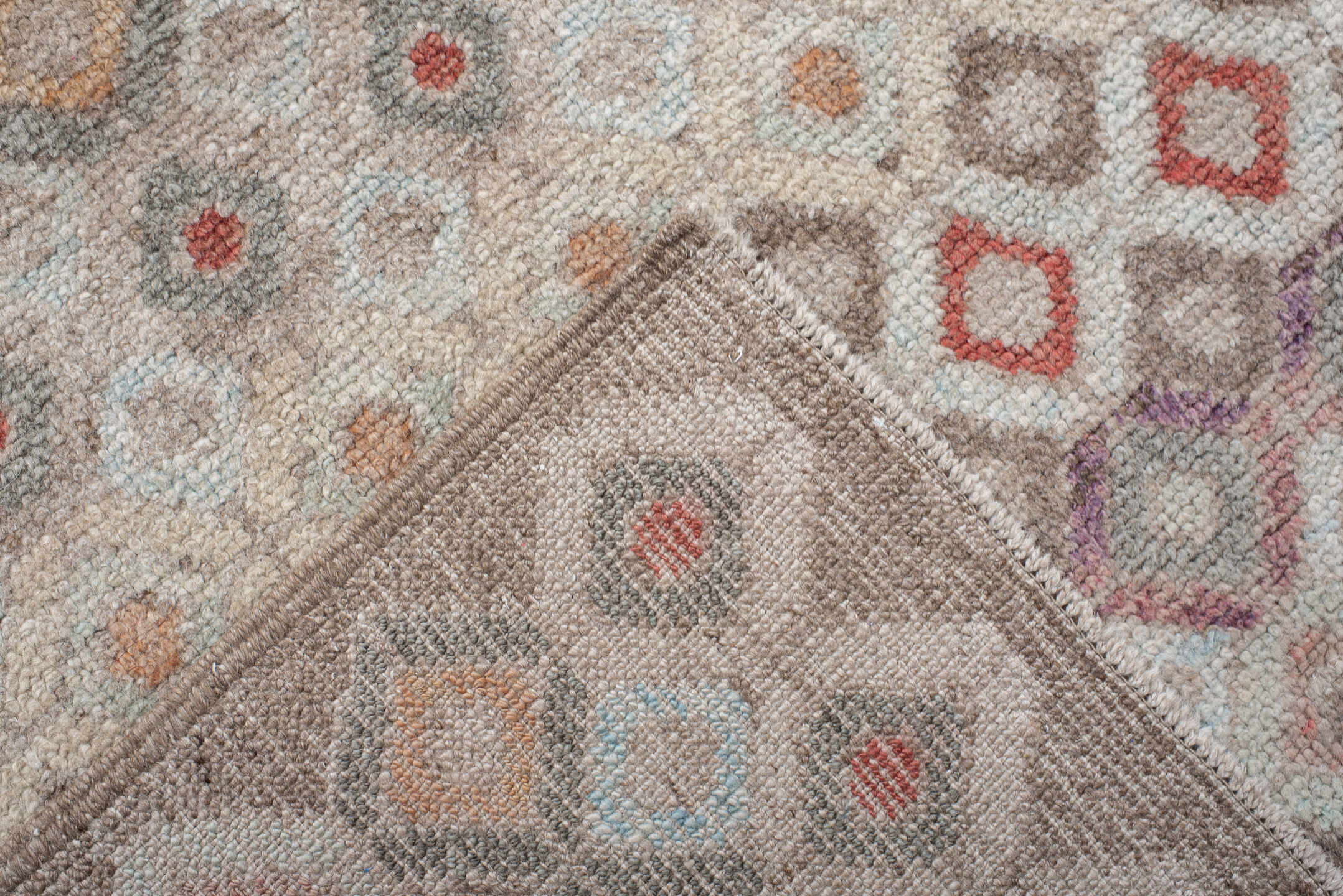 9' x 11' one-of-a-kind handmade vintage Oushak large size rug. Color palette: ivory, taupe, brown, rust, pale_blue, blush