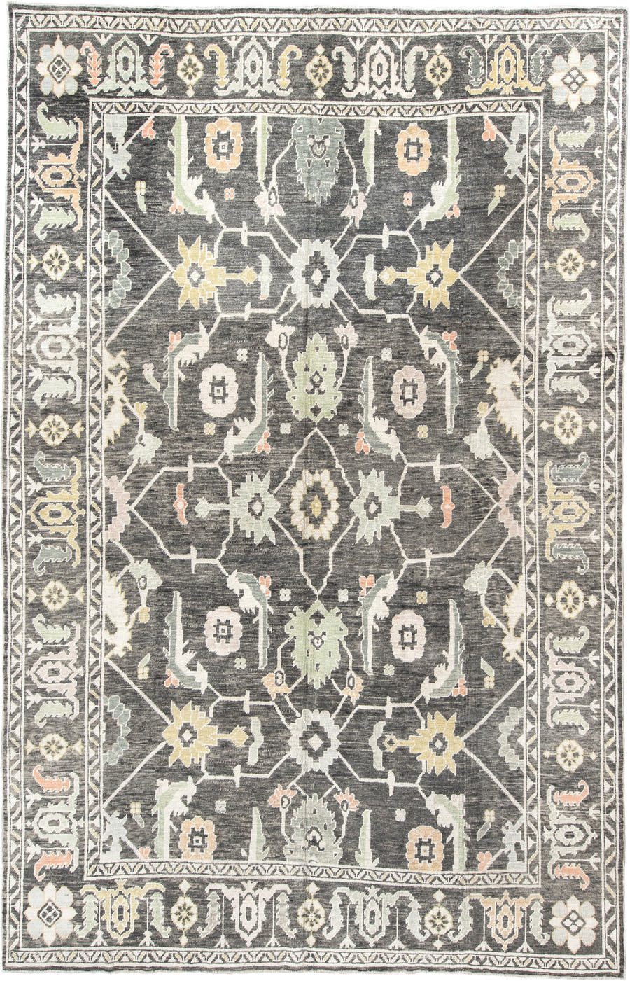 9' x 15' one-of-a-kind handmade vintage Oushak rug. Color palette: charcoal, ivory, sage, gold, peach, taupe, gray, black