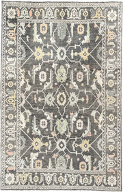 9' x 15' one-of-a-kind handmade vintage Oushak rug. Color palette: charcoal, ivory, sage, gold, peach, taupe, gray, black