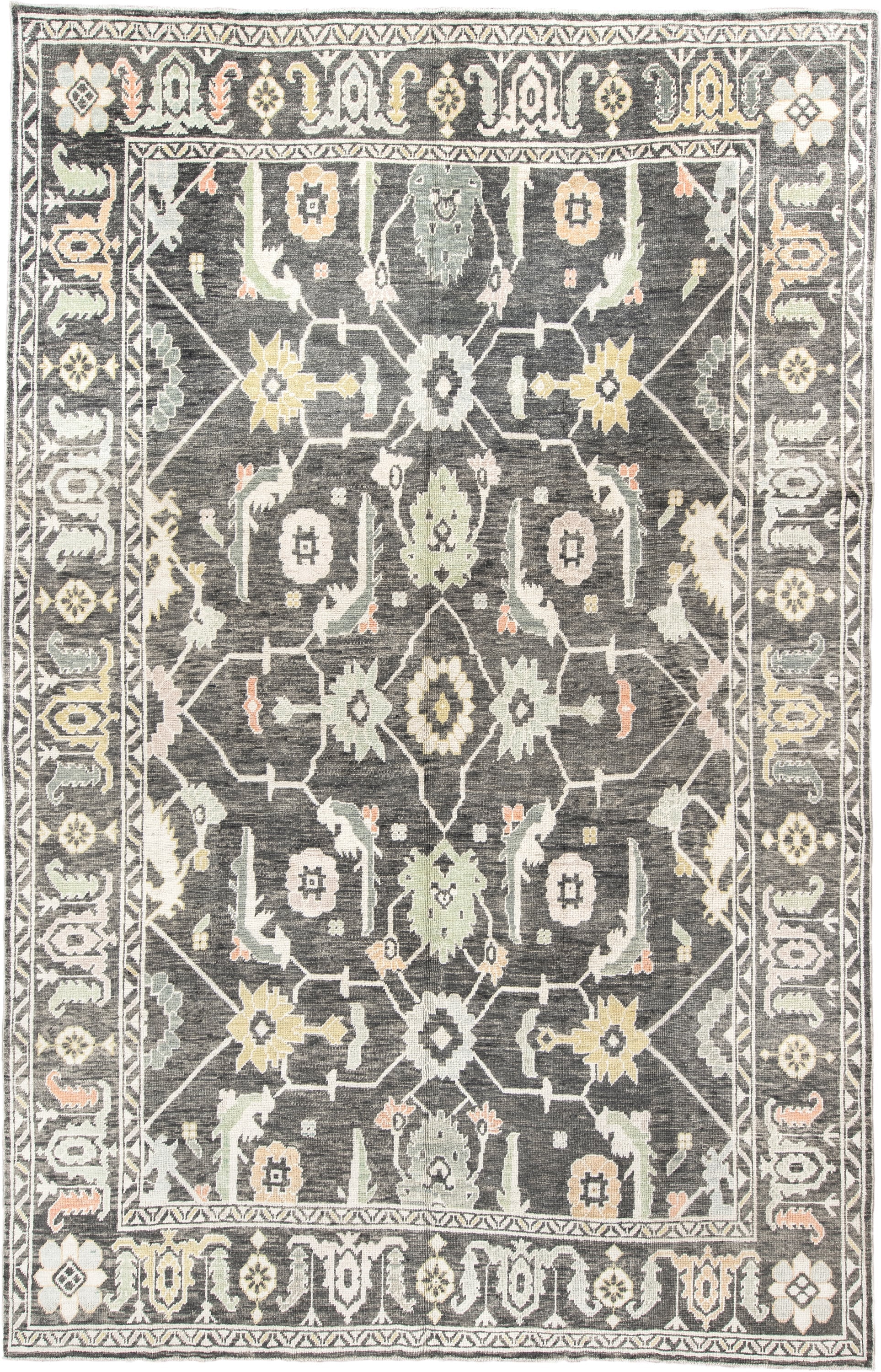 9' x 15' one-of-a-kind handmade vintage Oushak rug. Color palette: charcoal, ivory, sage, gold, peach, taupe, gray, black