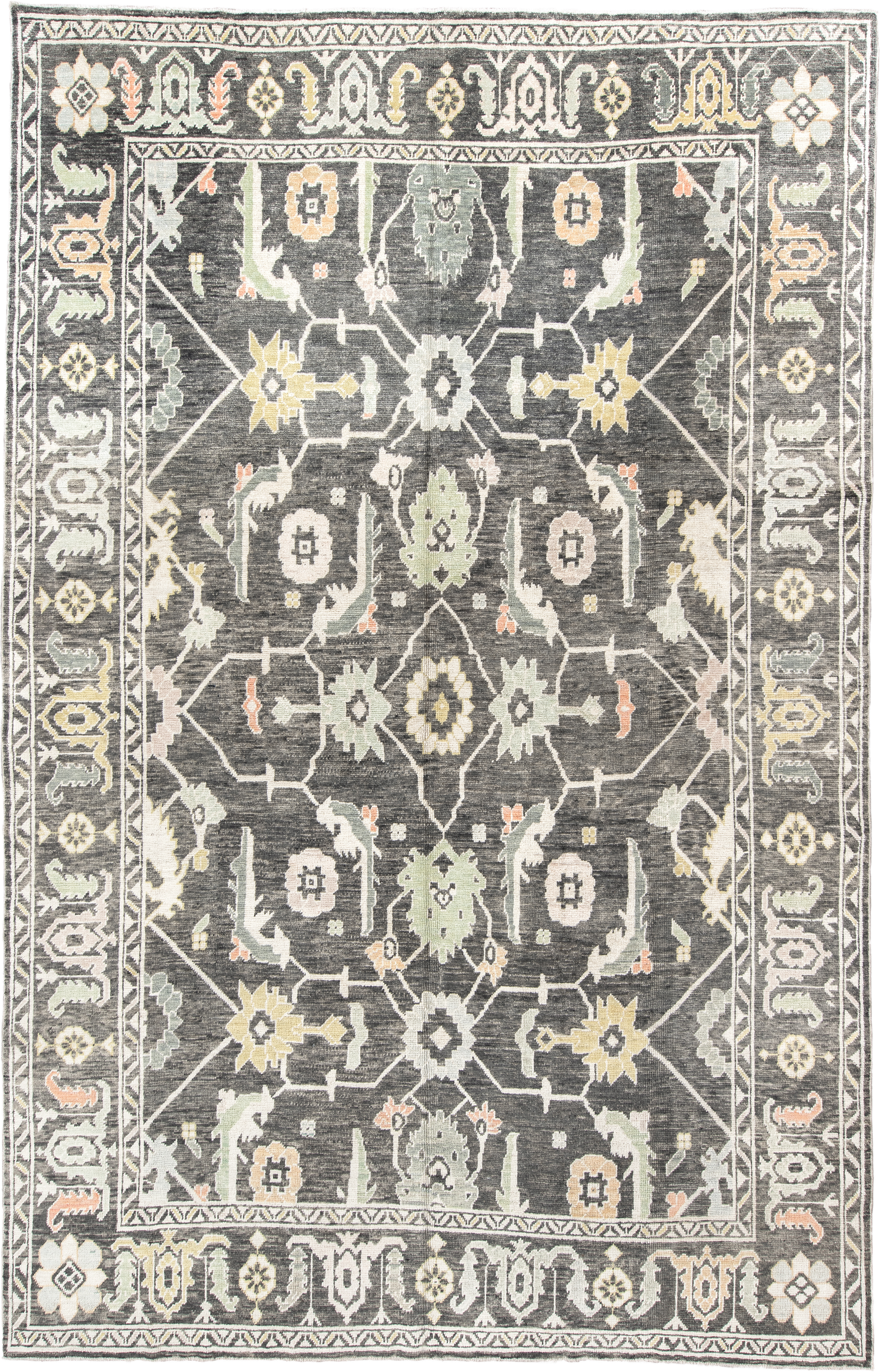 9' x 15' one-of-a-kind handmade vintage Oushak rug. Color palette: charcoal, ivory, sage, gold, peach, taupe, gray, black
