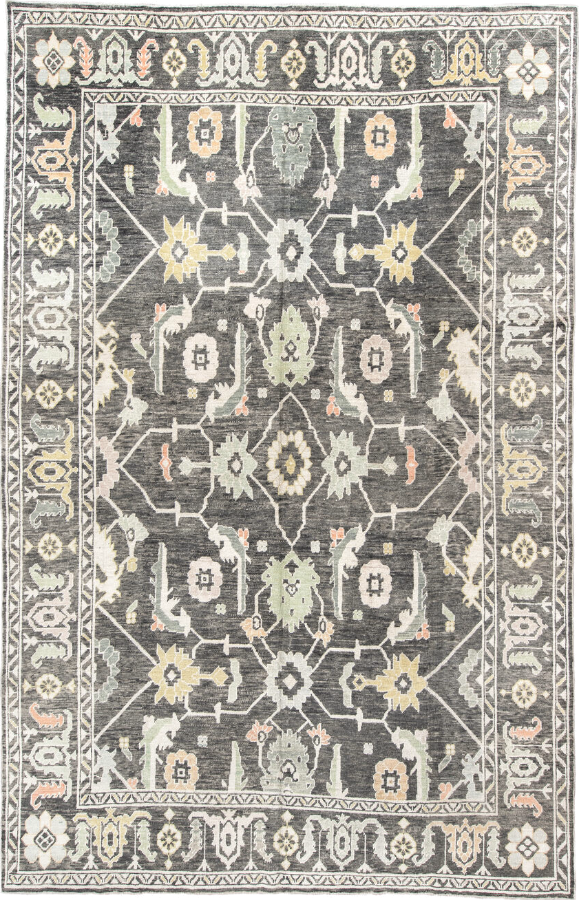 9' x 15' one-of-a-kind handmade vintage Oushak rug. Color palette: charcoal, ivory, sage, gold, peach, taupe, gray, black