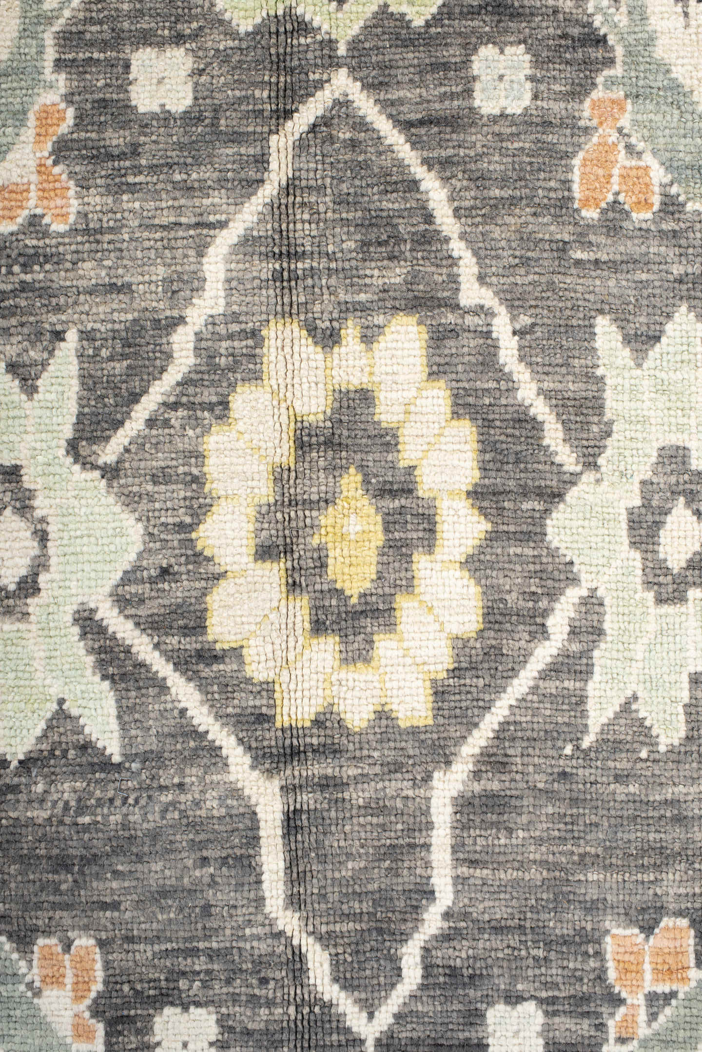 9' x 15' one-of-a-kind handmade vintage Oushak rug. Color palette: charcoal, ivory, sage, gold, peach, taupe, gray, black