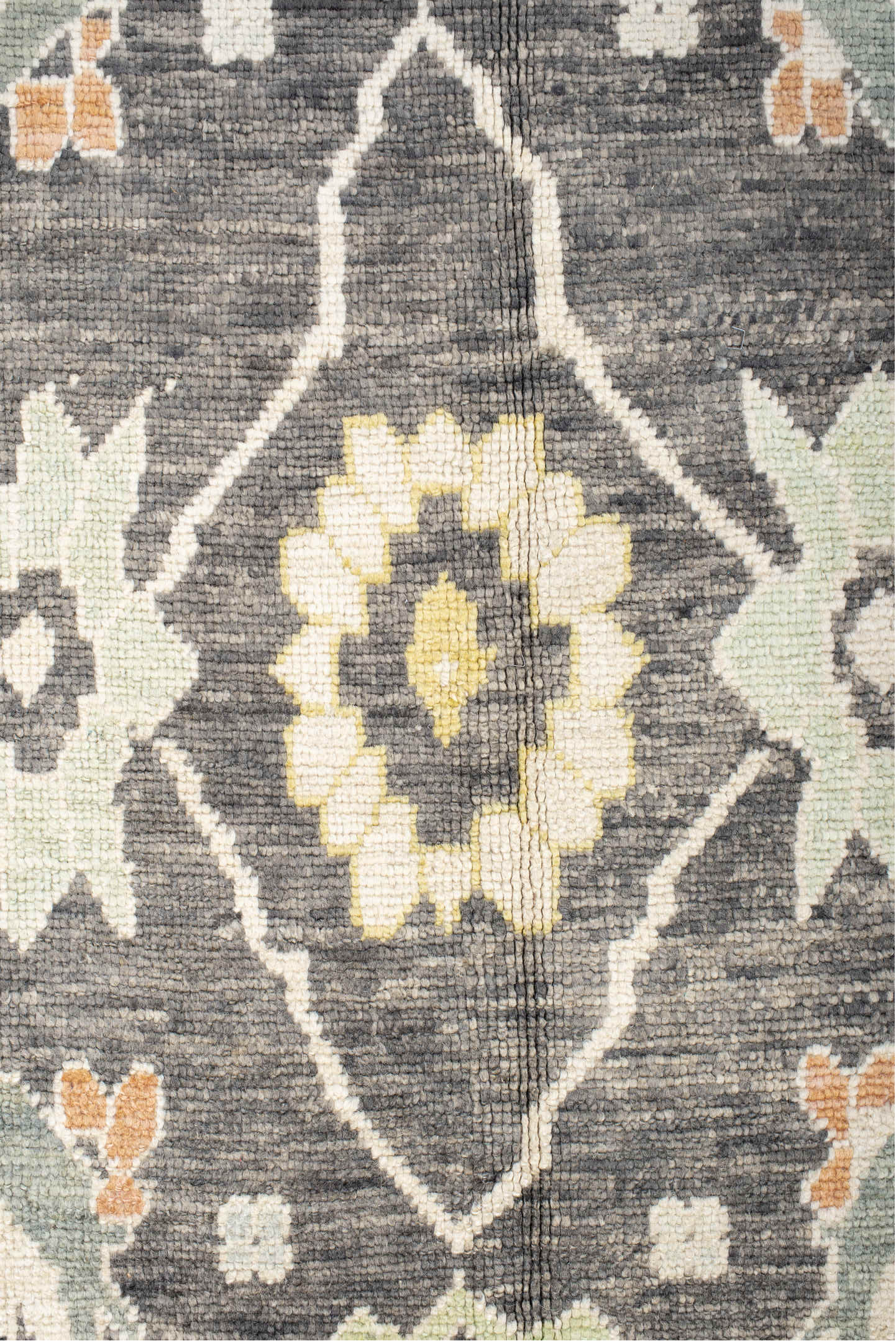9' x 15' one-of-a-kind handmade vintage Oushak rug. Color palette: charcoal, ivory, sage, gold, peach, taupe, gray, black