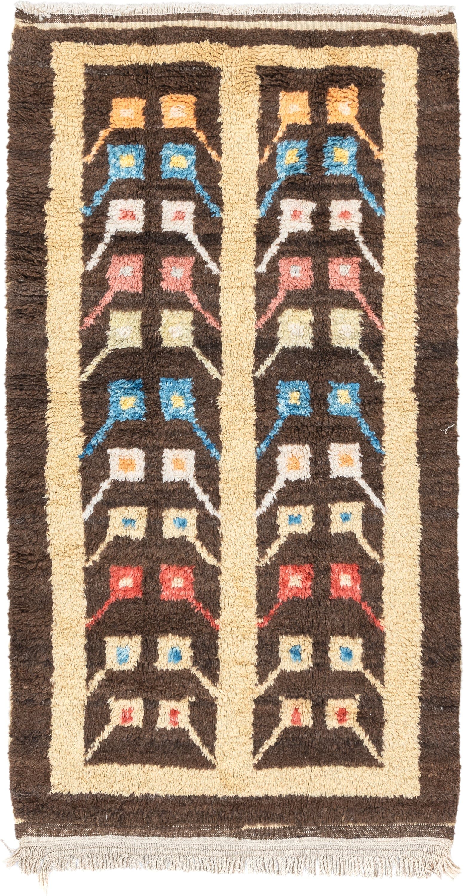 3' x 6' one-of-a-kind handmade vintage Tulu rug. Color palette: brown, ivory, sky_blue, coral, saffron, cream, light blue