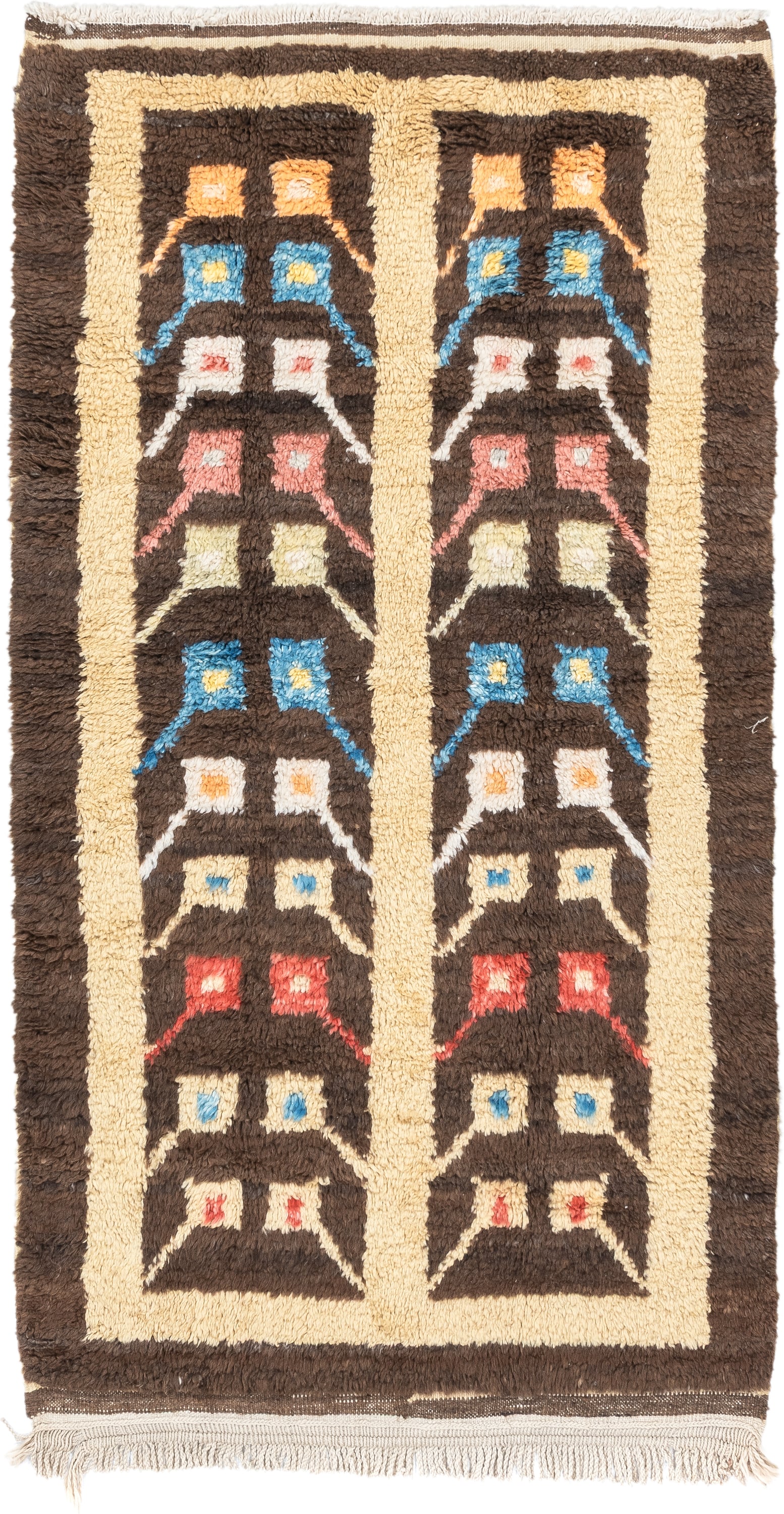 3' x 6' one-of-a-kind handmade vintage Tulu rug. Color palette: brown, ivory, sky_blue, coral, saffron, cream, light blue