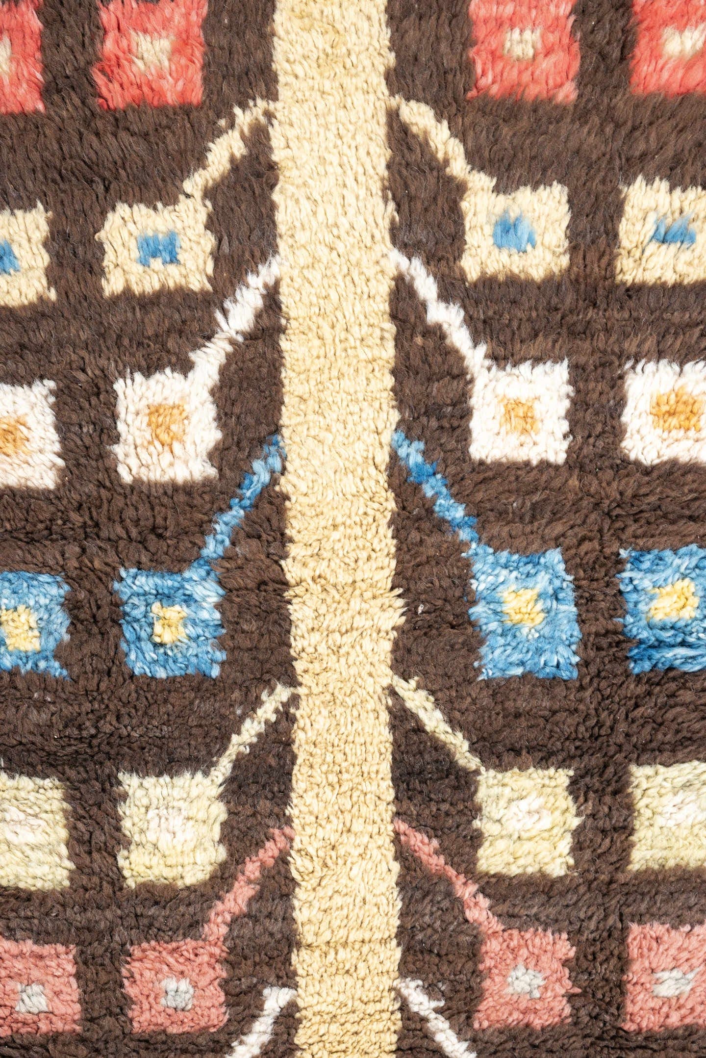 3' x 6' one-of-a-kind handmade vintage Tulu rug. Color palette: brown, ivory, sky_blue, coral, saffron, cream, light blue