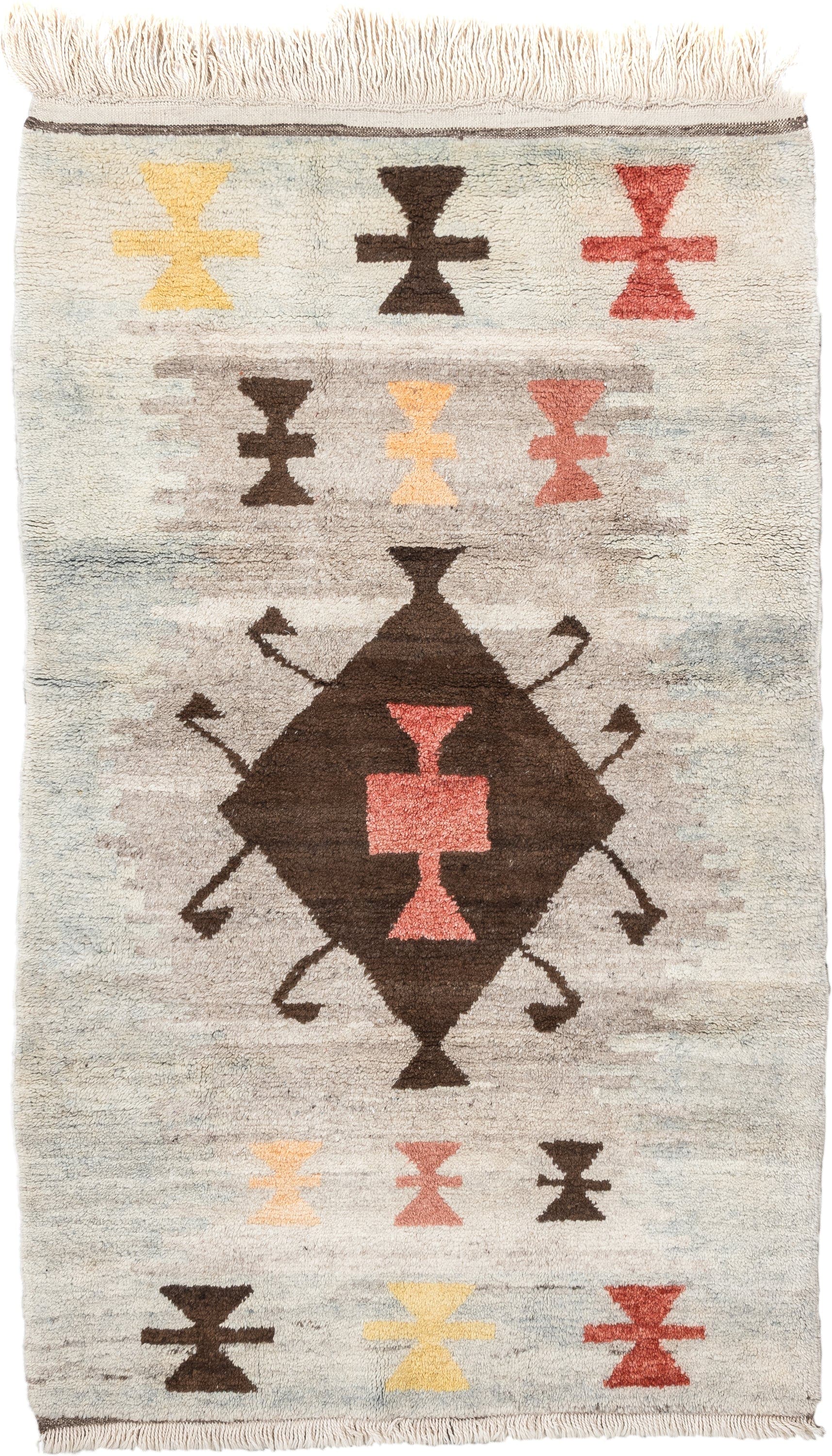4' x 6' one-of-a-kind handmade vintage Moroccan rug. Color palette: ivory, brown, taupe, coral, gold, charcoal, peach, beige