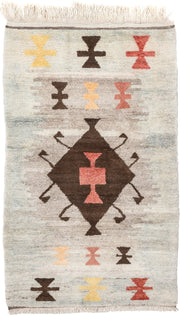 4' x 6' one-of-a-kind handmade vintage Moroccan rug. Color palette: ivory, brown, taupe, coral, gold, charcoal, peach, beige