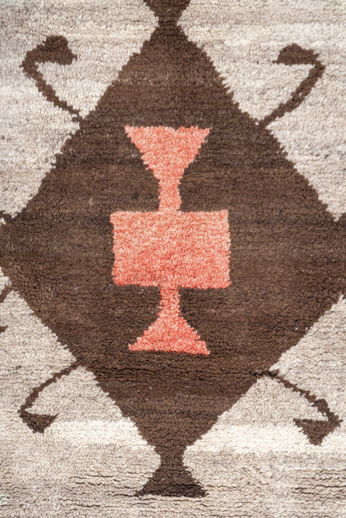 4' x 6' one-of-a-kind handmade vintage Moroccan rug. Color palette: ivory, brown, taupe, coral, gold, charcoal, peach, beige