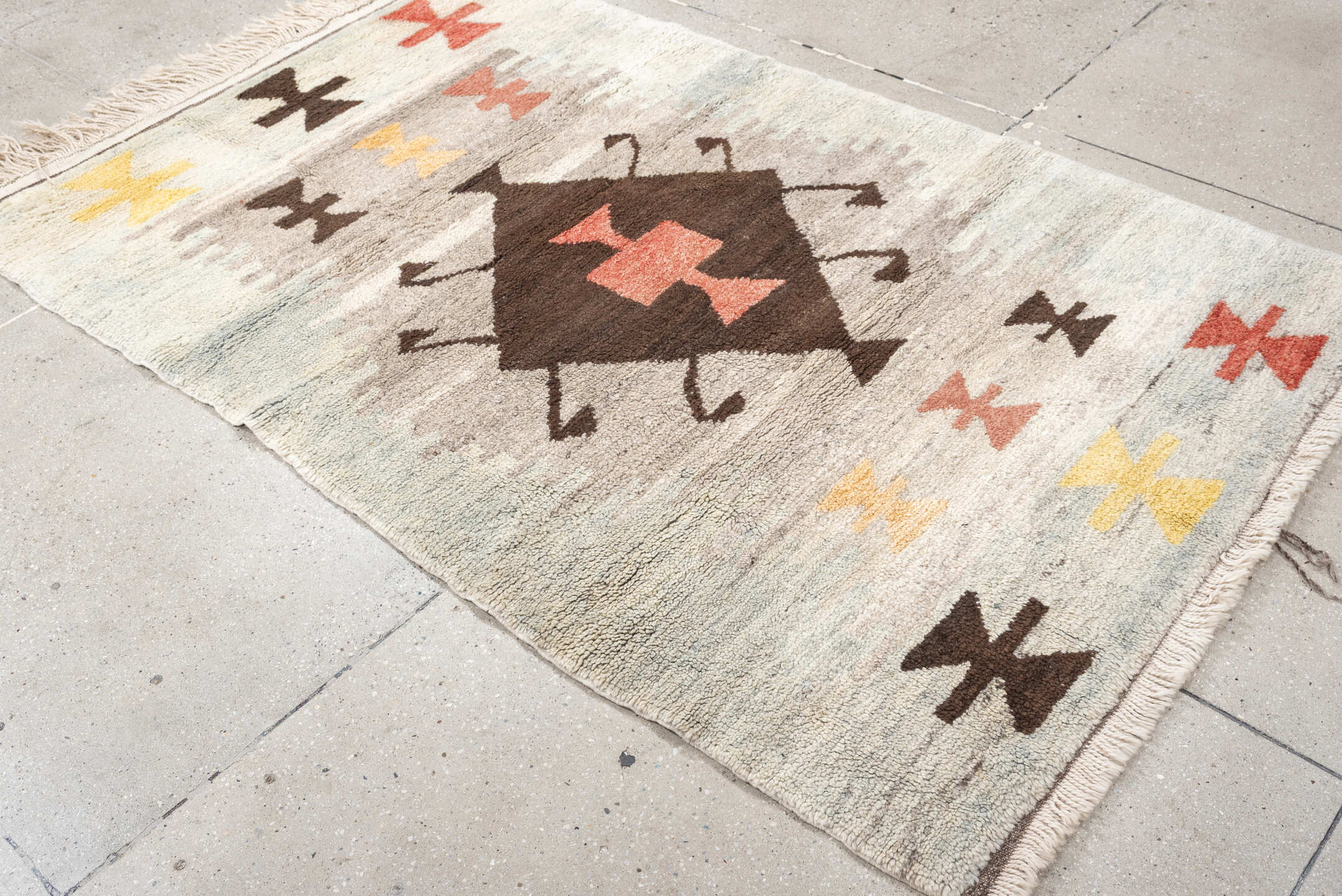 4' x 6' one-of-a-kind handmade vintage Moroccan rug. Color palette: ivory, brown, taupe, coral, gold, charcoal, peach, beige