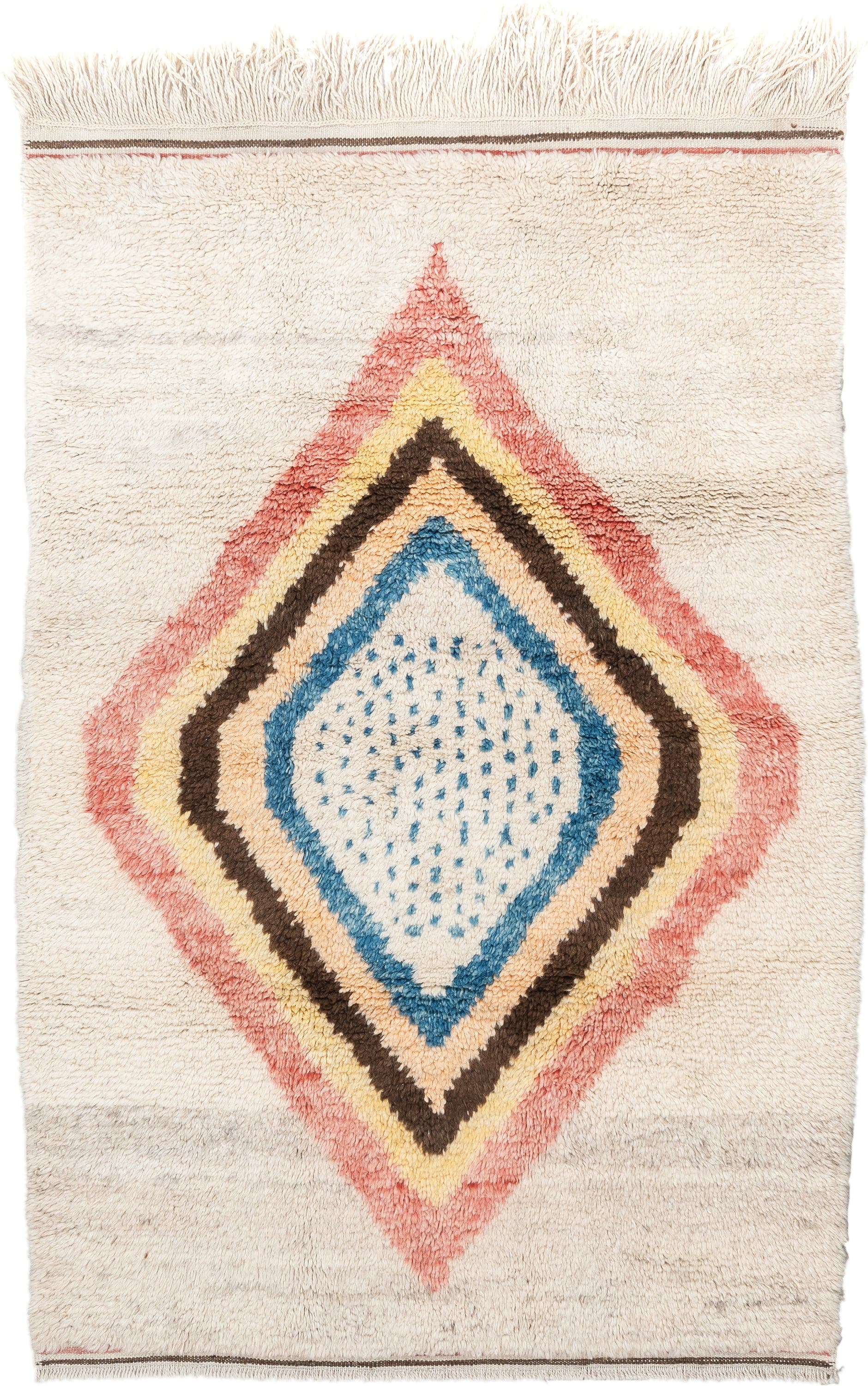 4' x 6' one-of-a-kind handmade vintage Moroccan small size rug. Color palette: ivory, rose, brown, blue, gold, peach, taupe
