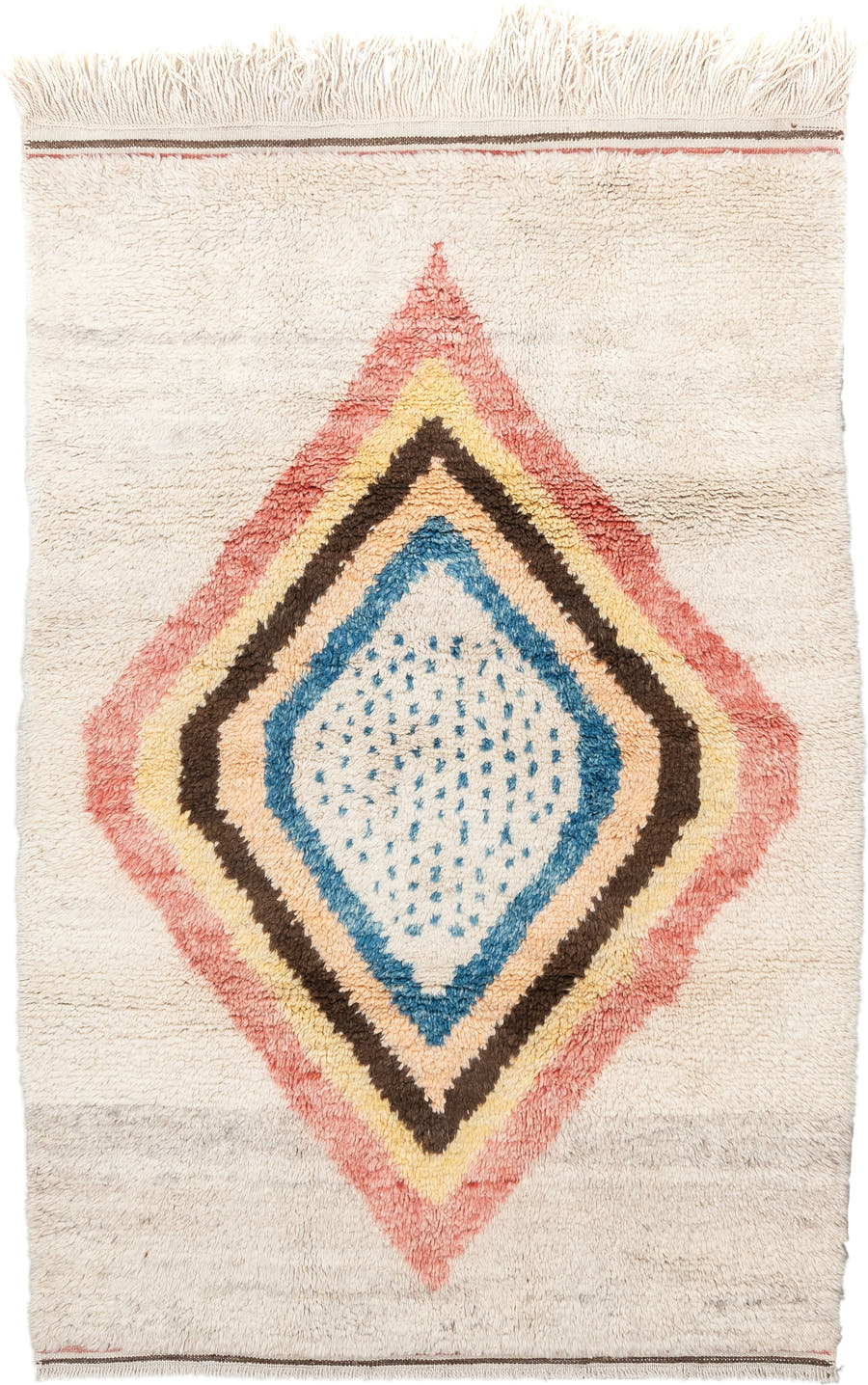 4' x 6' one-of-a-kind handmade vintage Moroccan small size rug. Color palette: ivory, rose, brown, blue, gold, peach, taupe