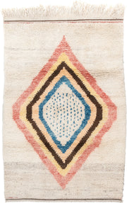 4' x 6' one-of-a-kind handmade vintage Moroccan small size rug. Color palette: ivory, rose, brown, blue, gold, peach, taupe