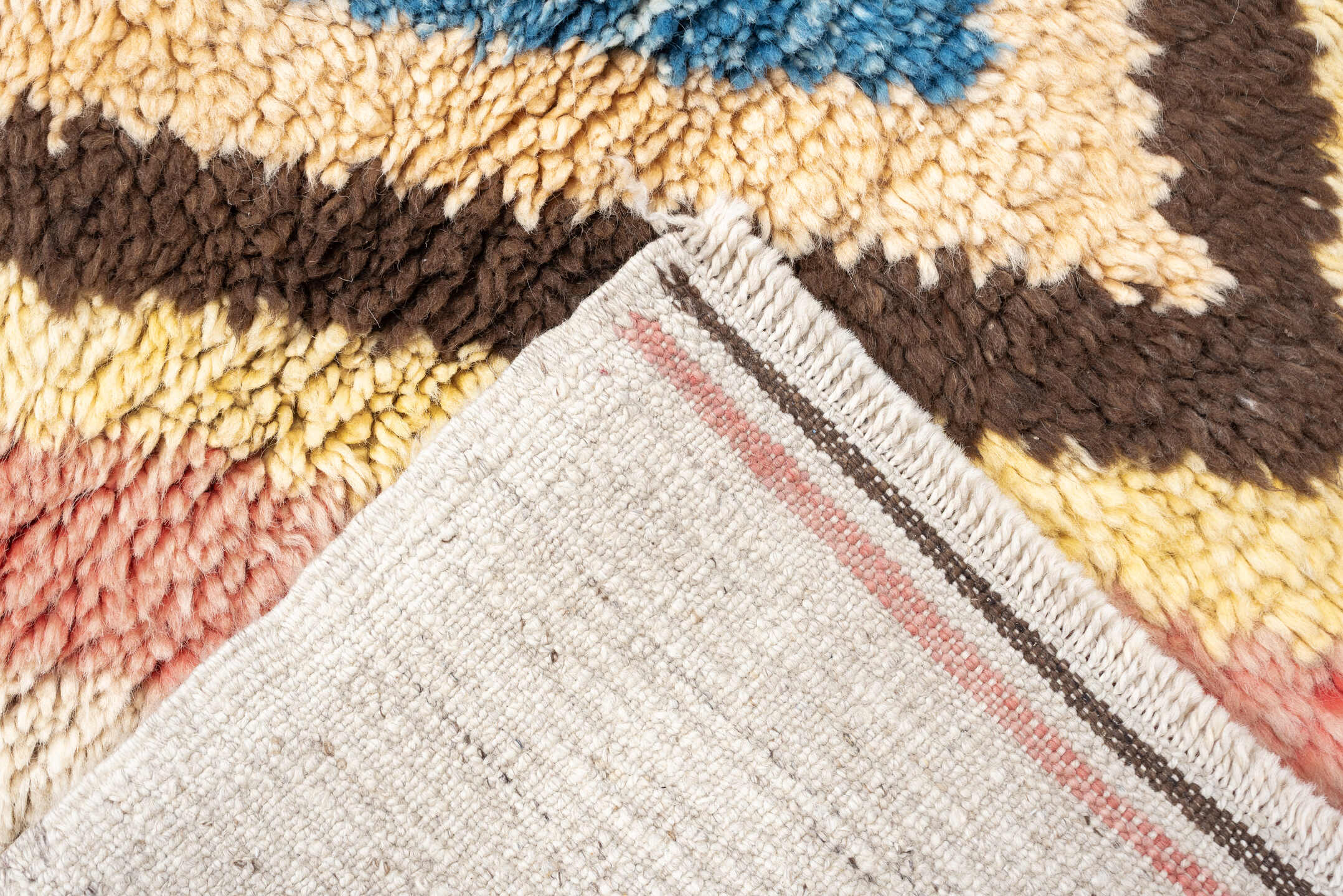 4' x 6' one-of-a-kind handmade vintage Moroccan small size rug. Color palette: ivory, rose, brown, blue, gold, peach, taupe