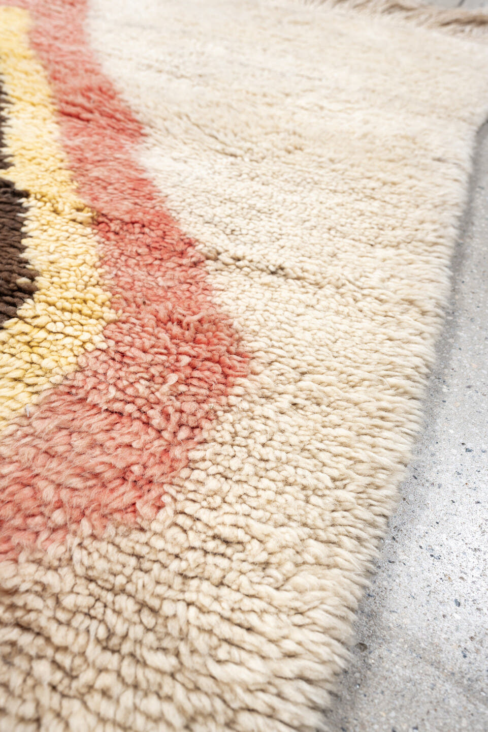 4' x 6' one-of-a-kind handmade vintage Moroccan small size rug. Color palette: ivory, rose, brown, blue, gold, peach, taupe