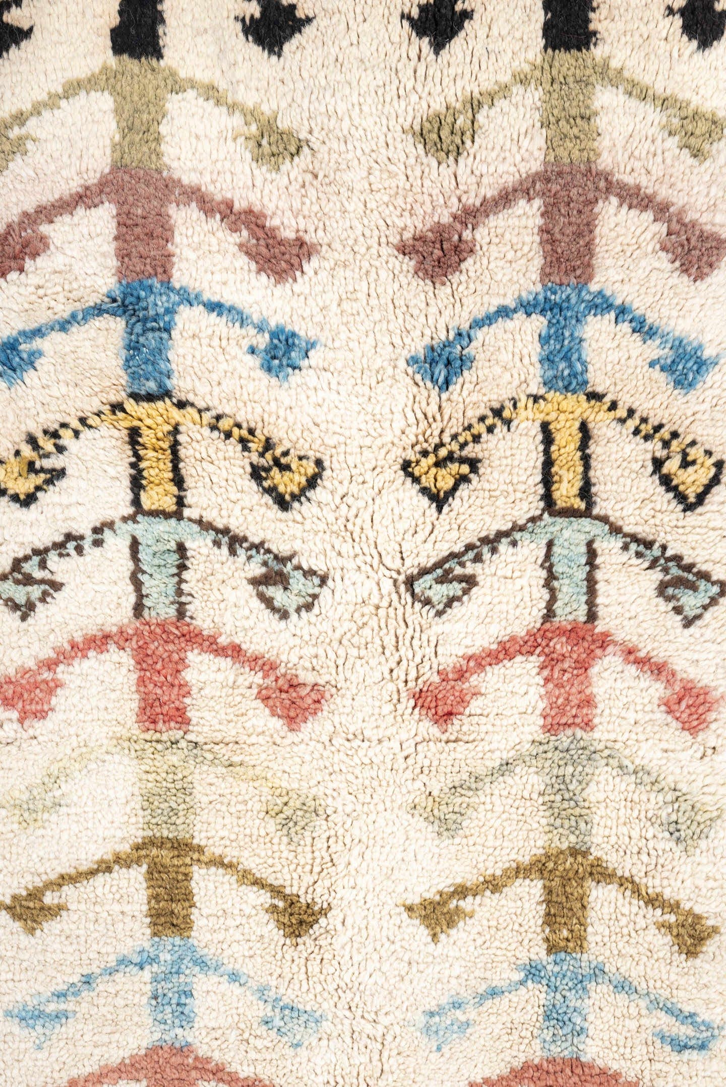 5' x 7' one-of-a-kind handmade vintage Tulu rug. Color palette: ivory, brown, sky blue, coral, blush, mustard, black, sage