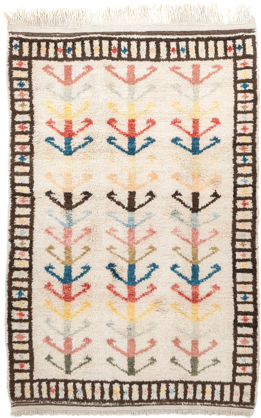 4' x 6' one-of-a-kind handmade vintage Moroccan small size rug. Color palette: ivory, brown, blue, coral, yellow, olive