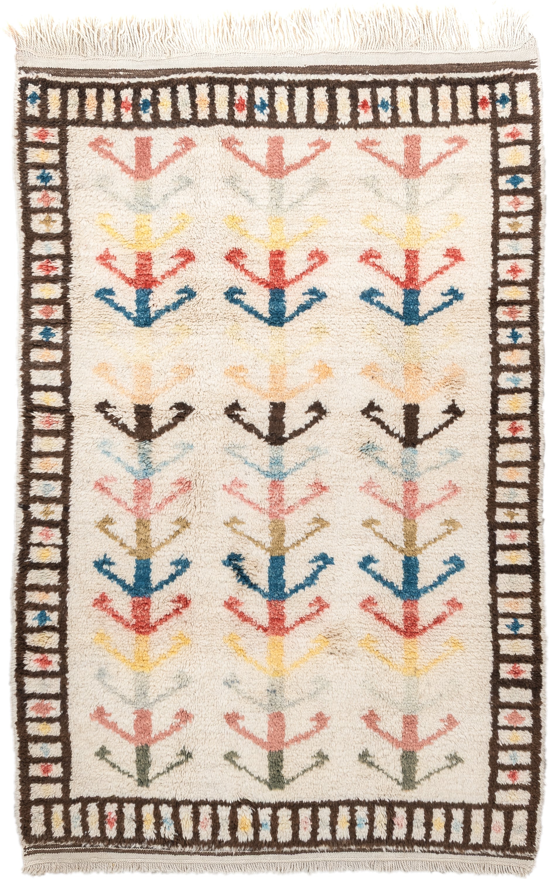 4' x 6' one-of-a-kind handmade vintage Moroccan small size rug. Color palette: ivory, brown, blue, coral, yellow, olive