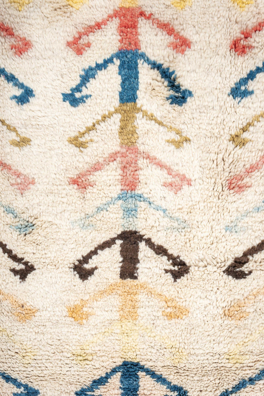4' x 6' one-of-a-kind handmade vintage Moroccan small size rug. Color palette: ivory, brown, blue, coral, yellow, olive