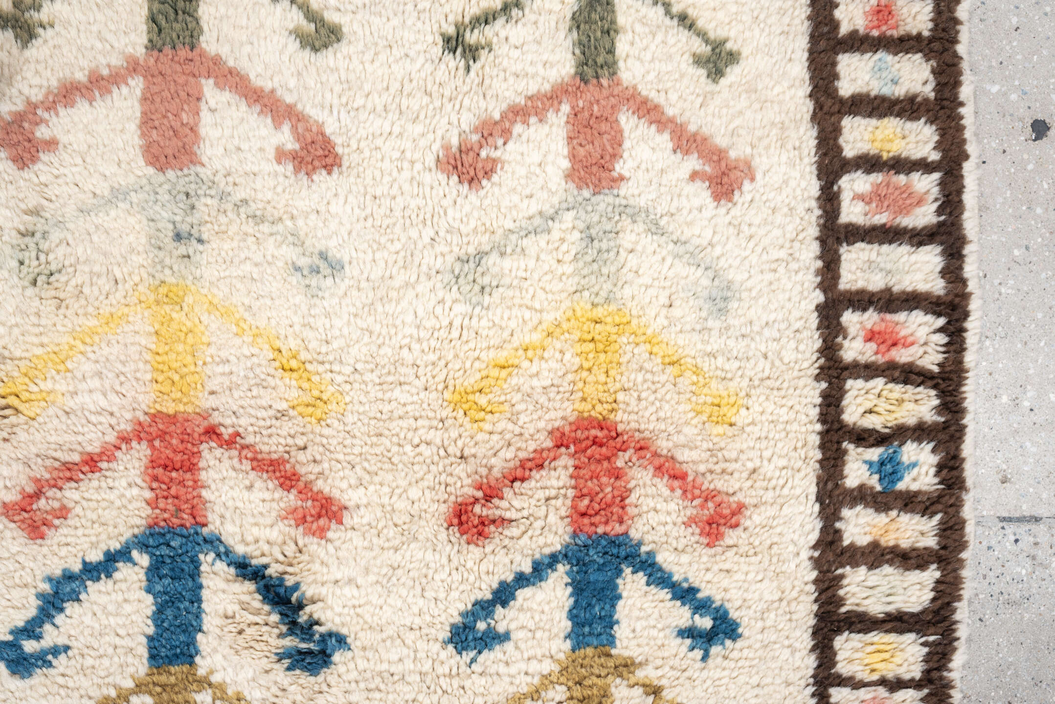 4' x 6' one-of-a-kind handmade vintage Moroccan small size rug. Color palette: ivory, brown, blue, coral, yellow, olive