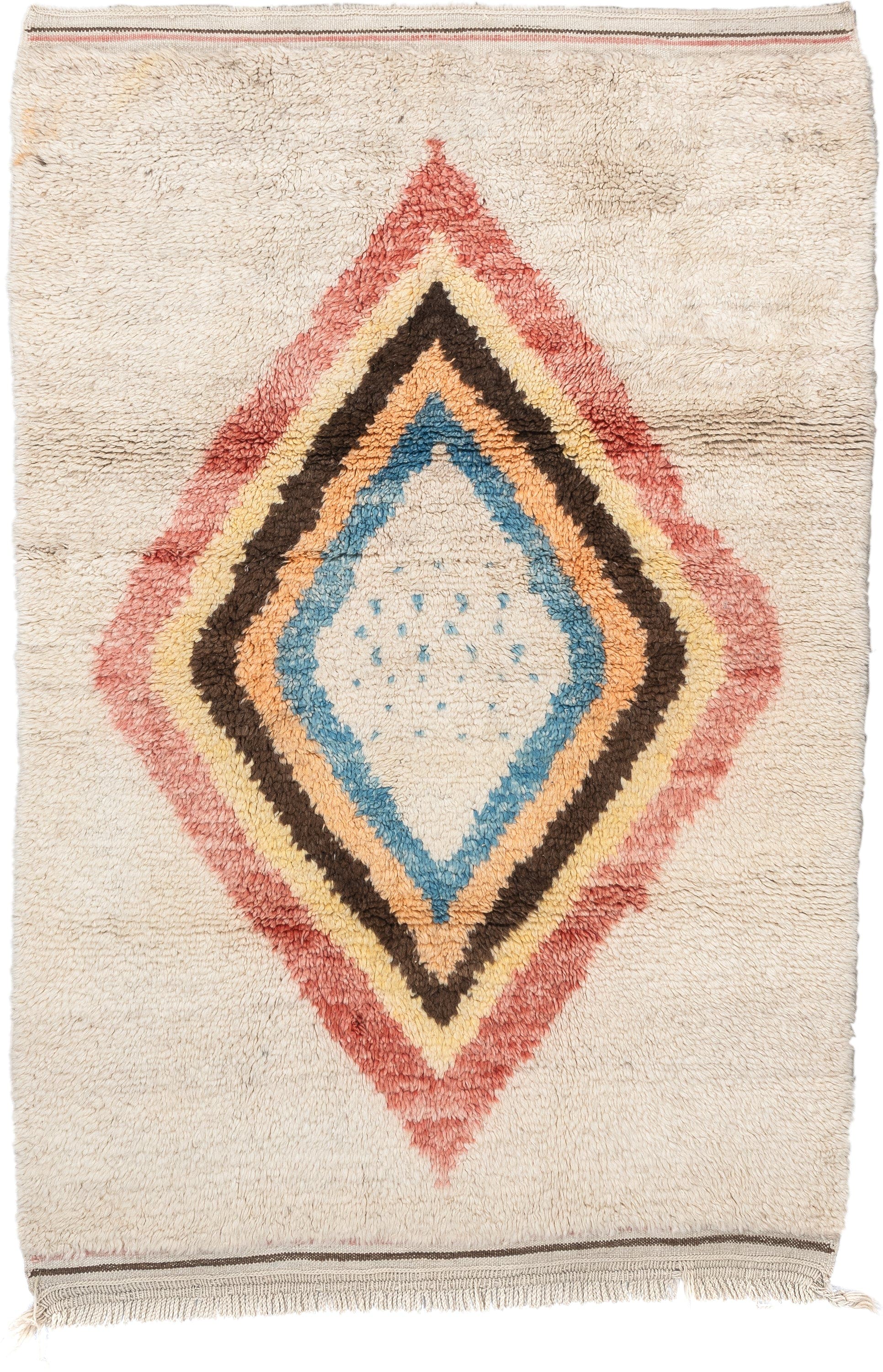 4' x 6' one-of-a-kind handmade vintage Tulu small size rug. Color palette: ivory, rose, brown, sky_blue, peach, gold, taupe