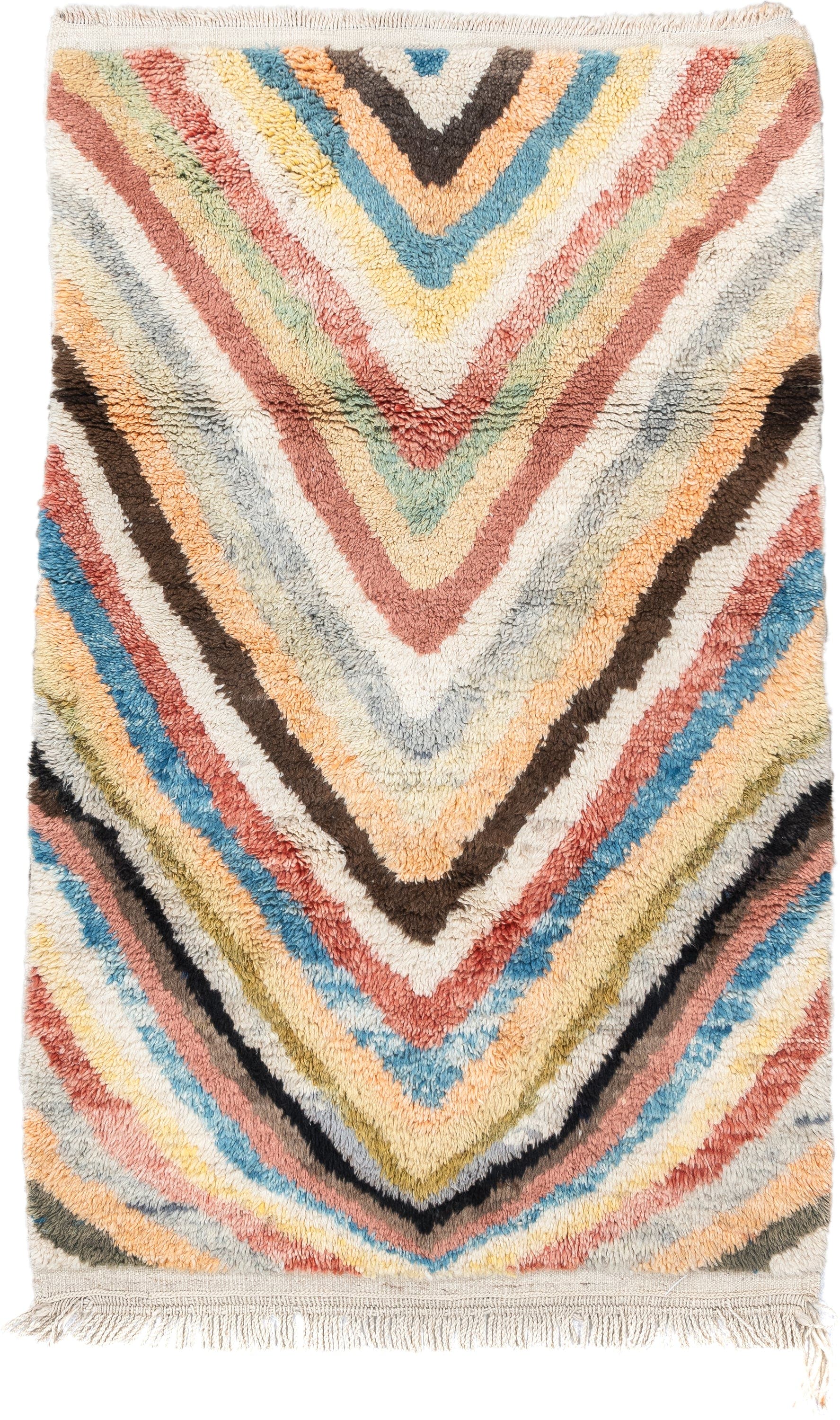 4' x 6' one-of-a-kind handmade vintage Moroccan small size rug. Color palette: ivory, peach, sky_blue, blush, brown