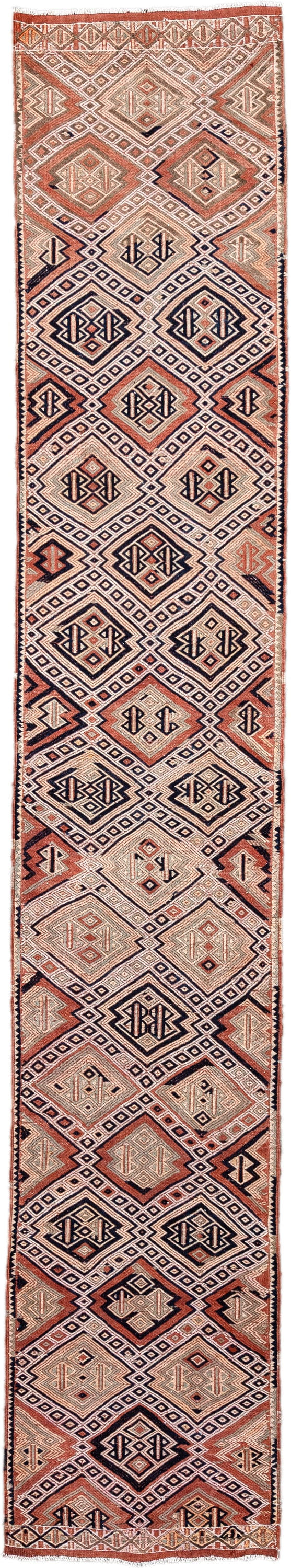 2' x 12' one-of-a-kind handmade vintage Jijim runner rug. Color palette: ivory, terra cotta, charcoal, rust, camel