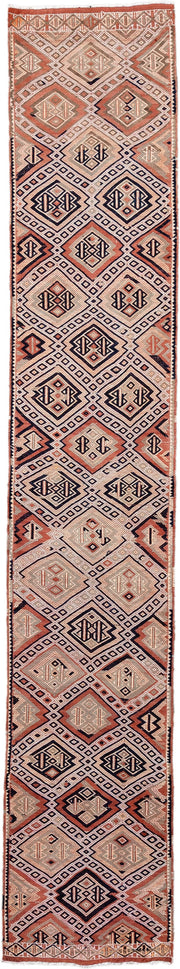 2' x 12' one-of-a-kind handmade vintage Jijim runner rug. Color palette: ivory, terra cotta, charcoal, rust, camel