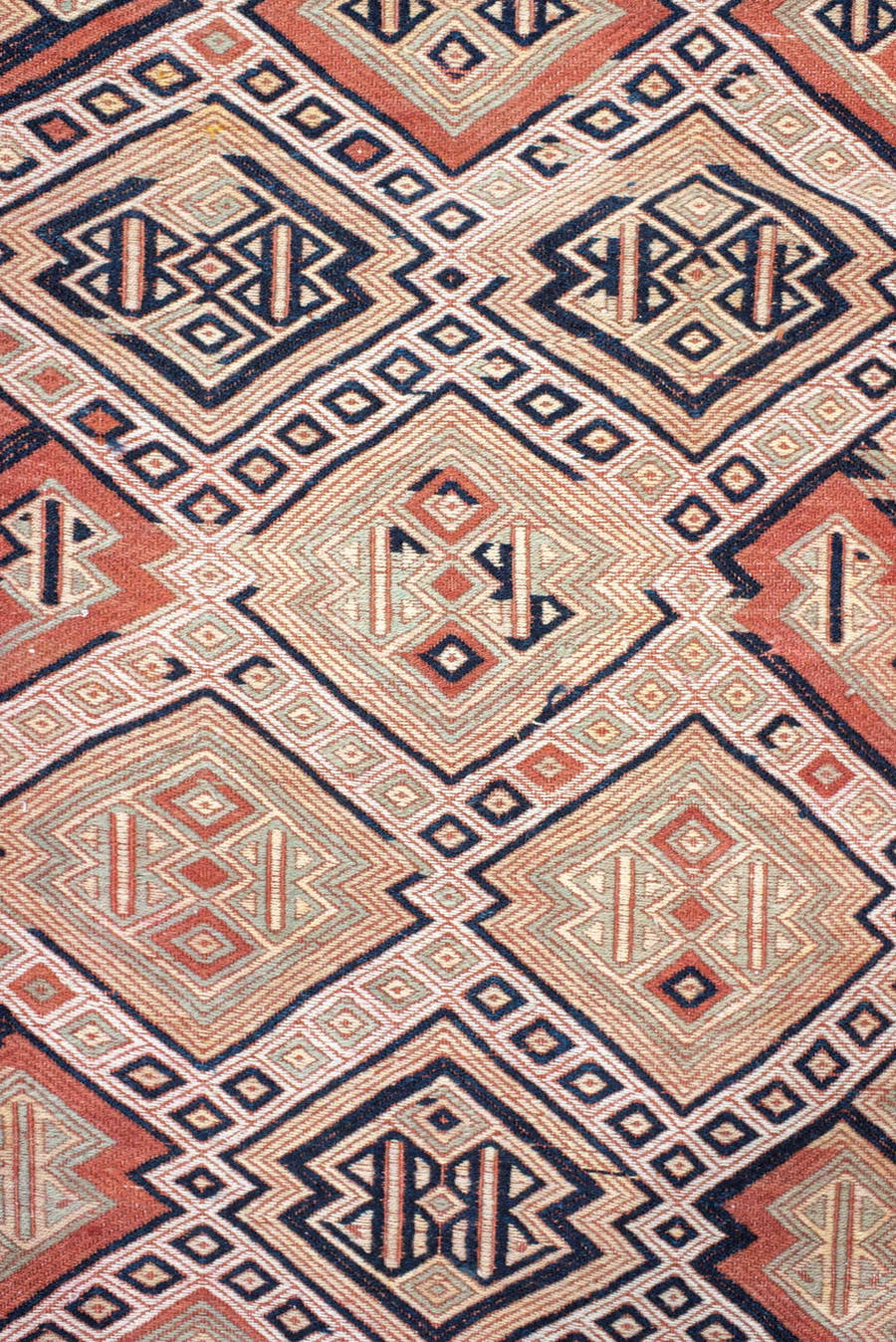 2' x 12' one-of-a-kind handmade vintage Jijim runner rug. Color palette: ivory, terra cotta, charcoal, rust, camel