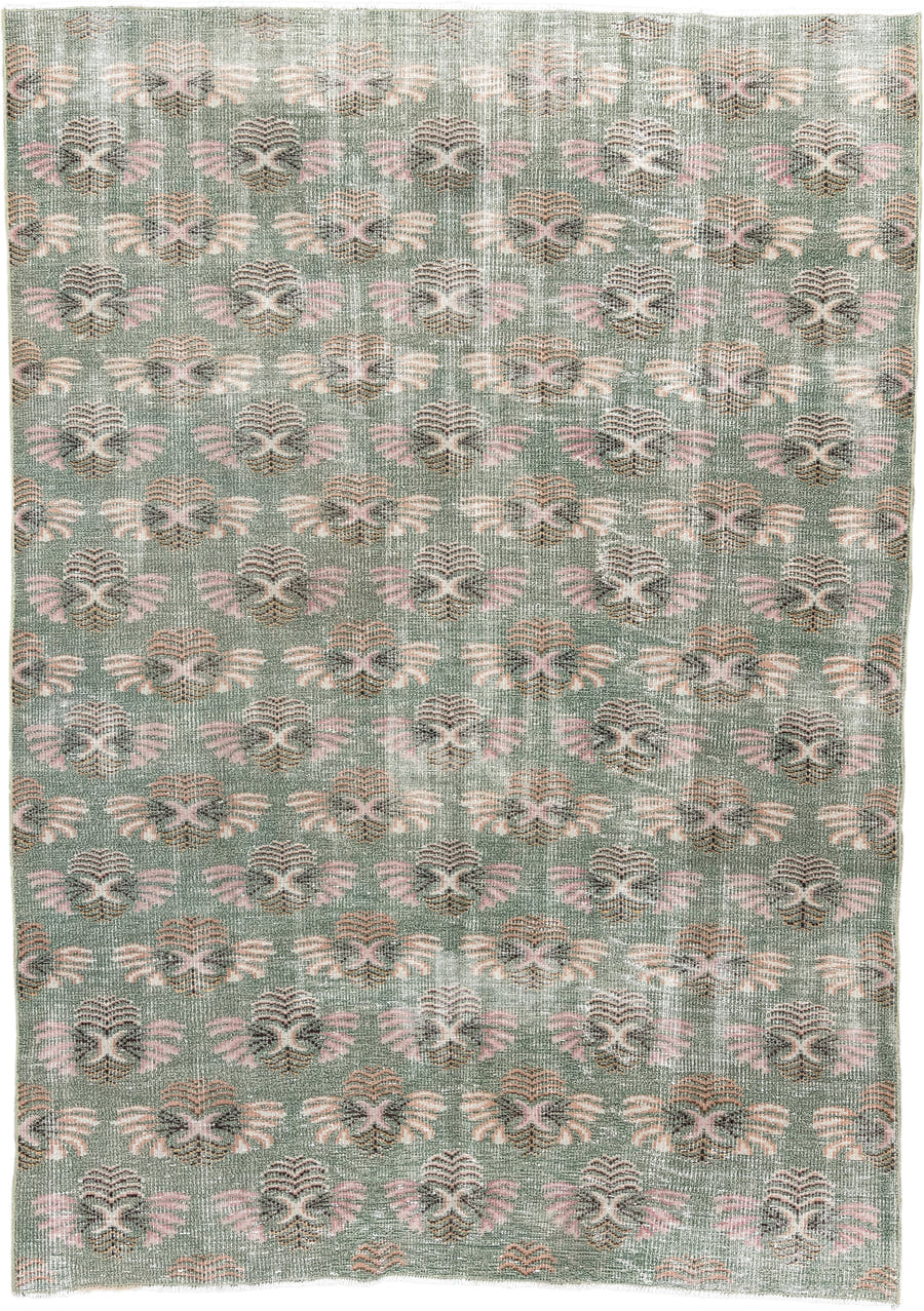 6' x 8' one-of-a-kind handmade antique Sparta medium size rug. Color palette: sage, blush, ivory, taupe, charcoal, peach