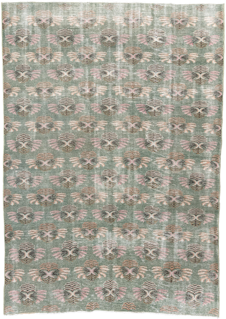 6' x 8' one-of-a-kind handmade antique Sparta medium size rug. Color palette: sage, blush, ivory, taupe, charcoal, peach